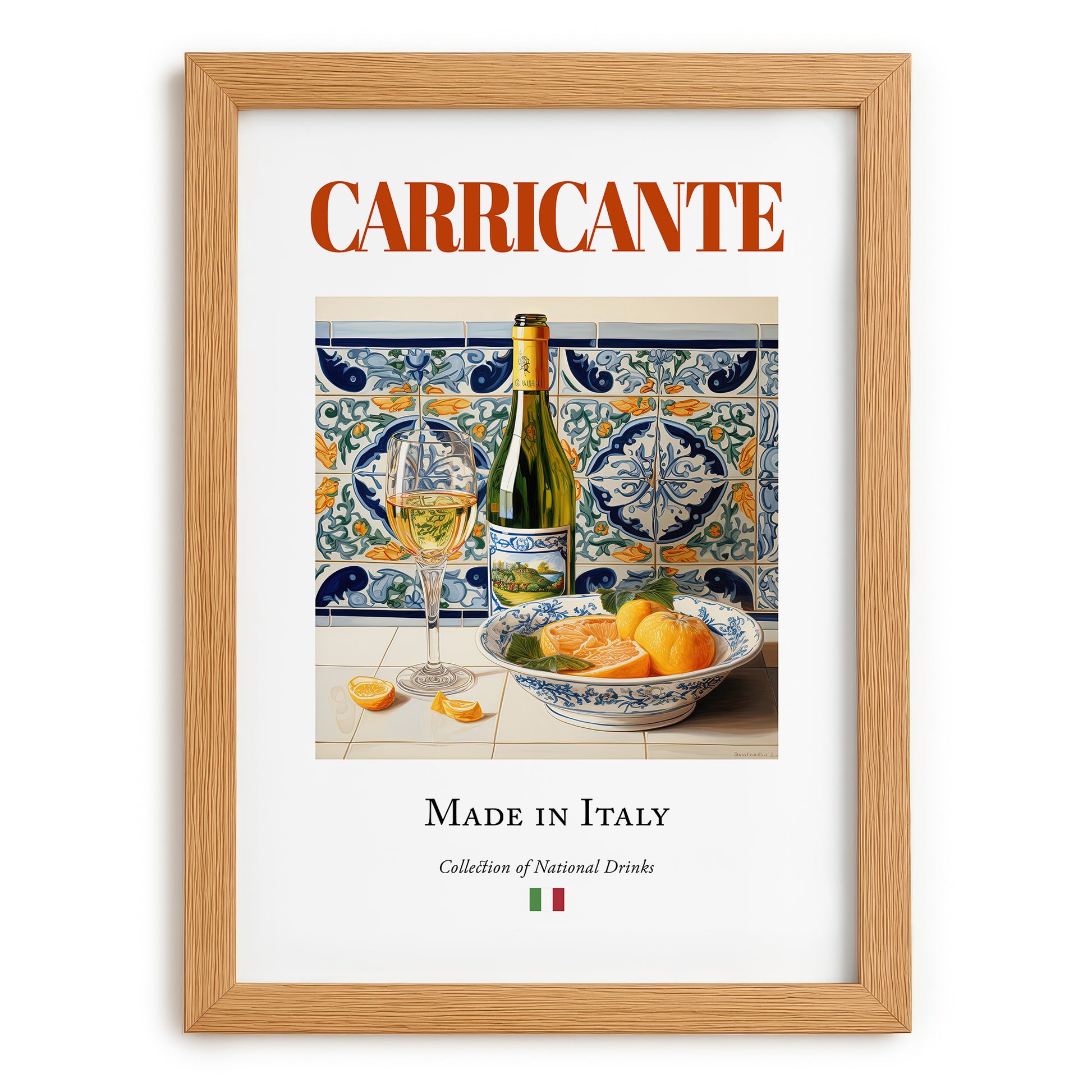 Carricante – Italian White Wine, Bodega Poster, set in oak frame