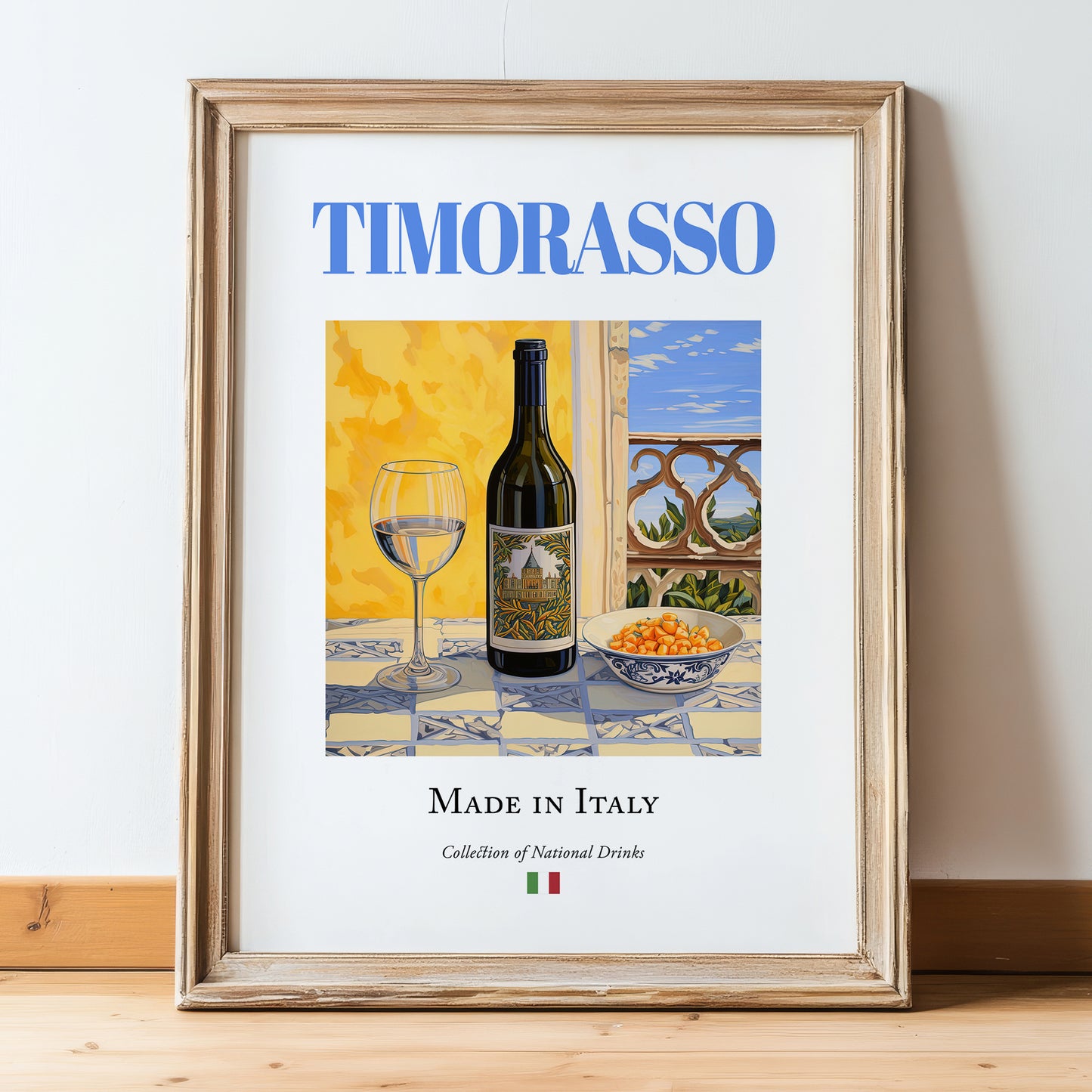 Timorasso – Italian White Wine, Vinoteca Art, in wooden frame leaning on the floor