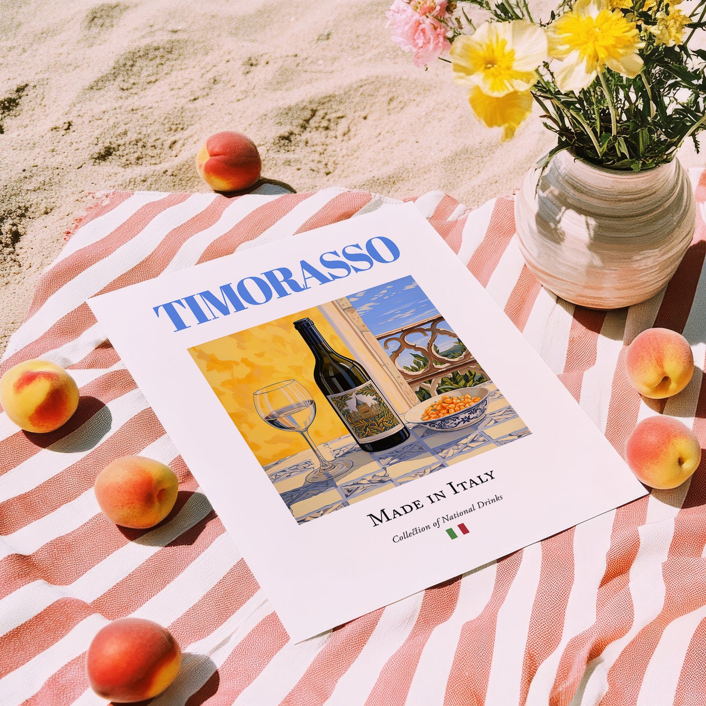 Timorasso – Italian White Wine, Vinoteca Art, unframed on coastal sand