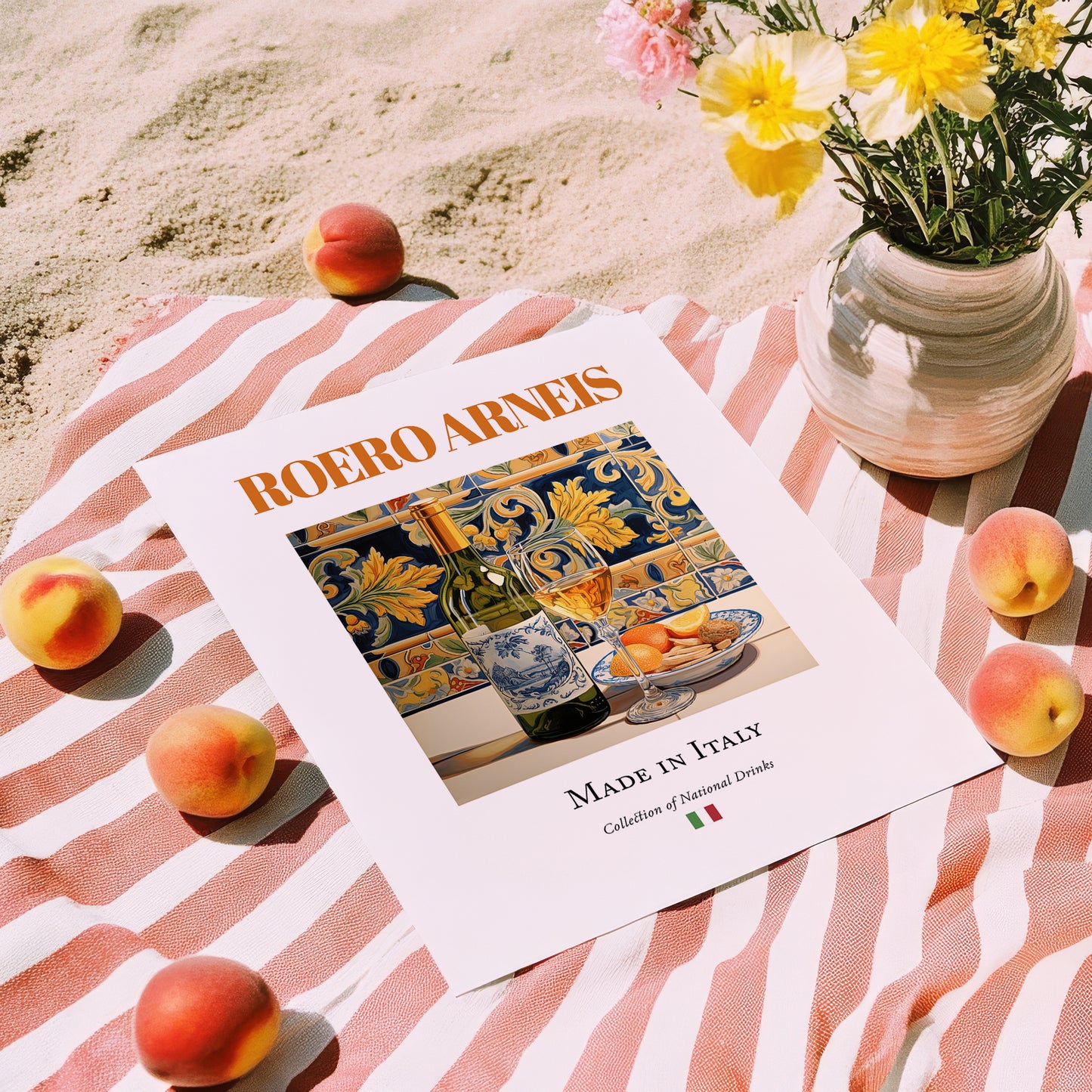 Roero Arneis – Italian White Wine, Bodega Still Life, unframed on coastal sand