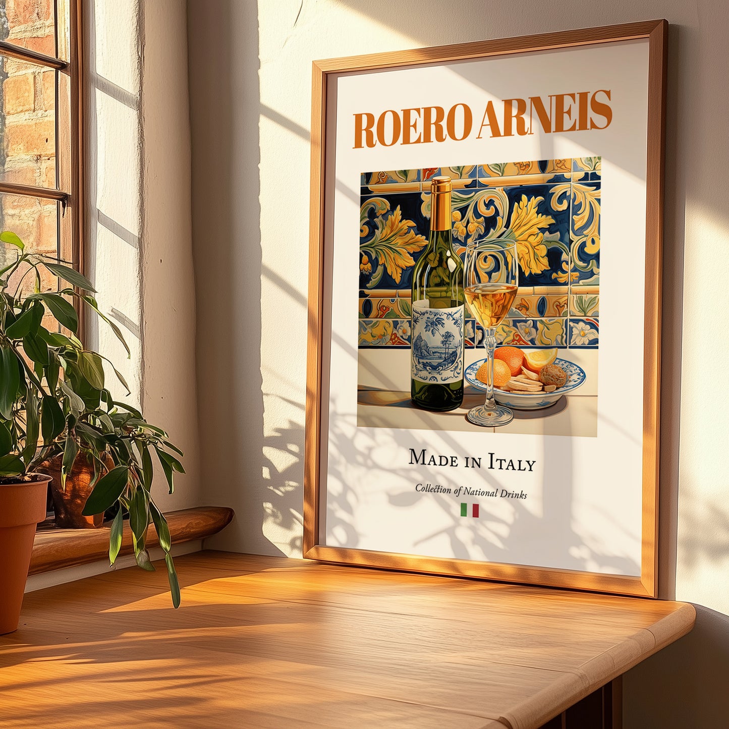 Roero Arneis – Italian White Wine, Bodega Still Life, no-text version framed in wood