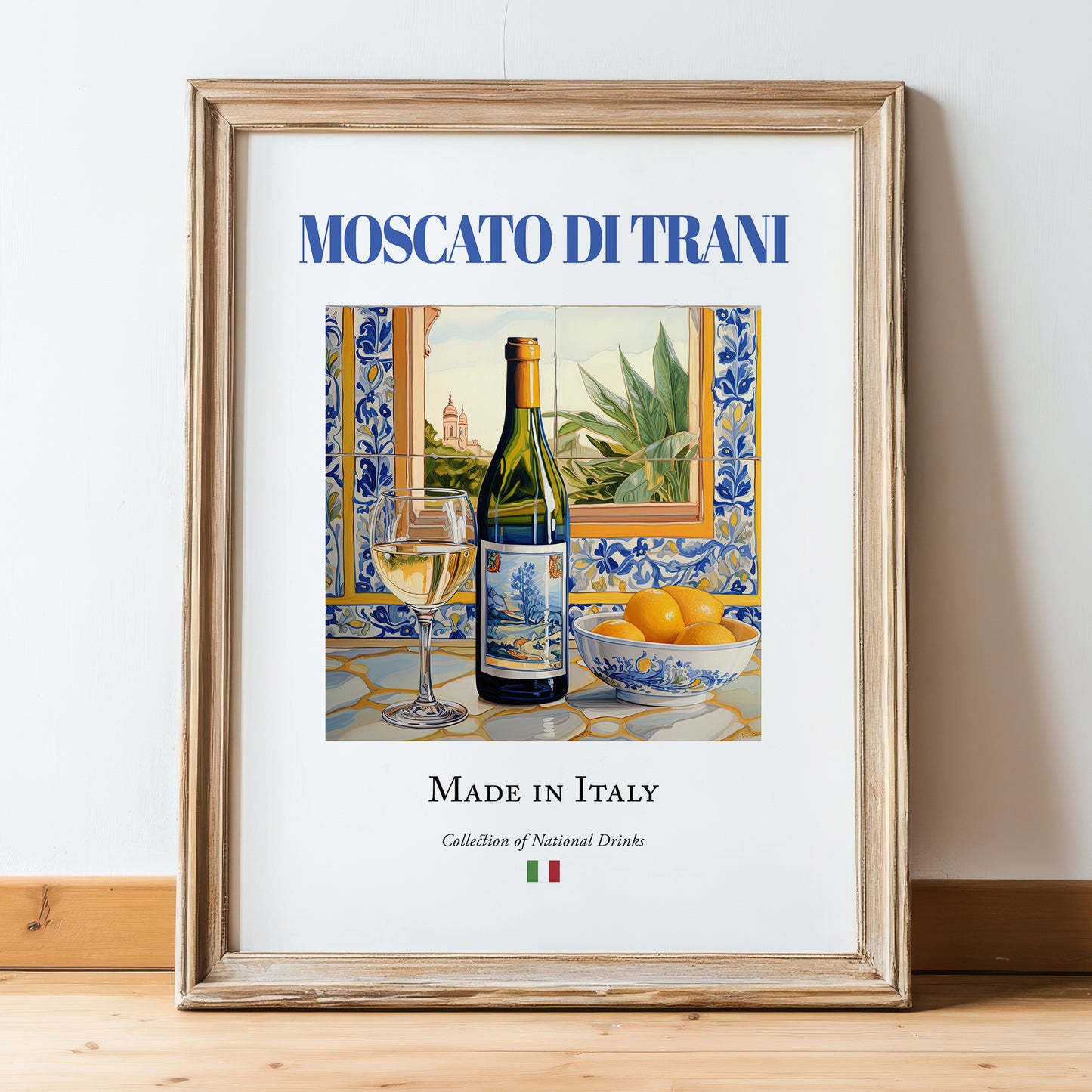 Moscato di Trani – Italian Dessert Wine, Vinoteca Illustration, in wooden frame leaning on the floor