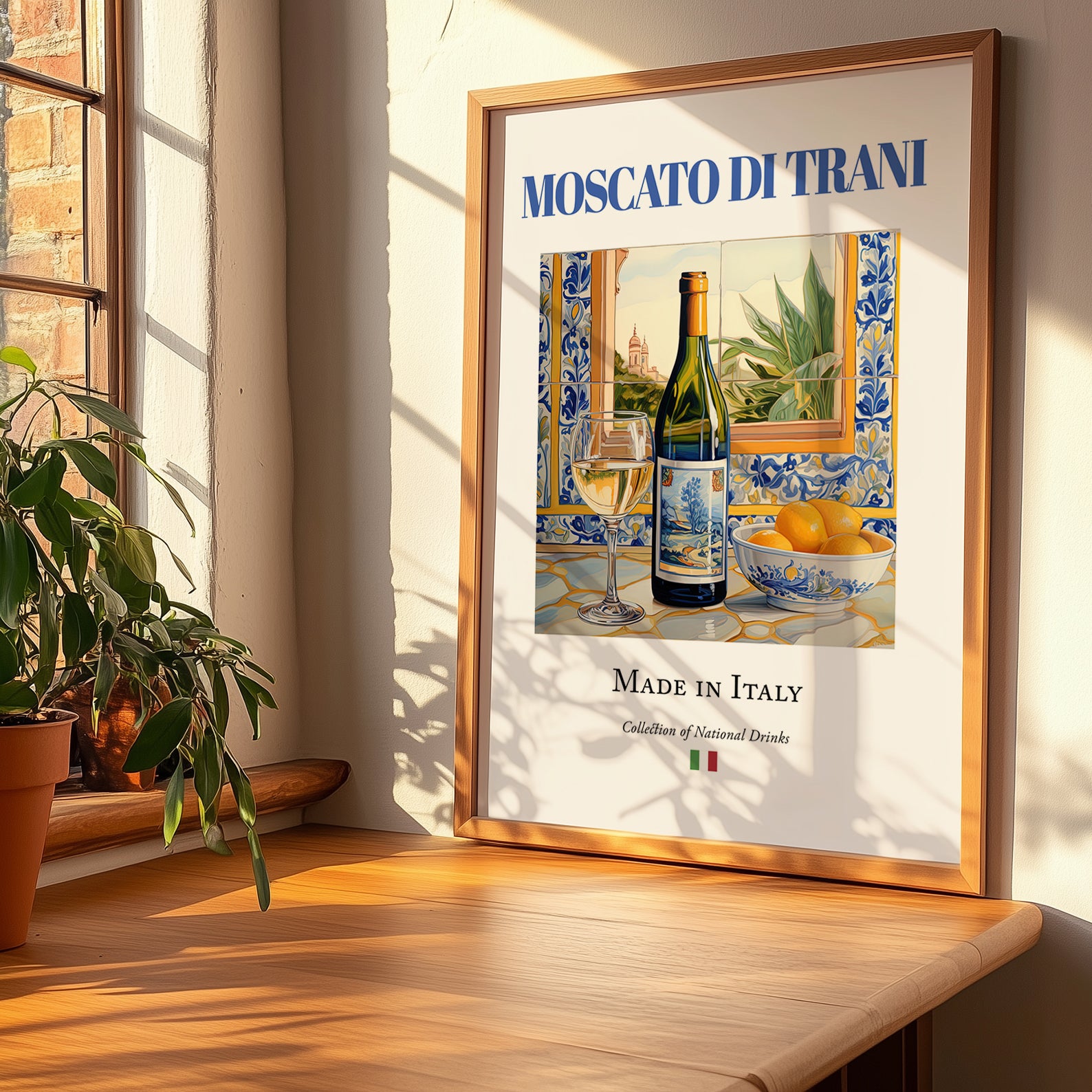 Moscato di Trani – Italian Dessert Wine, Vinoteca Illustration, no-text version framed in wood