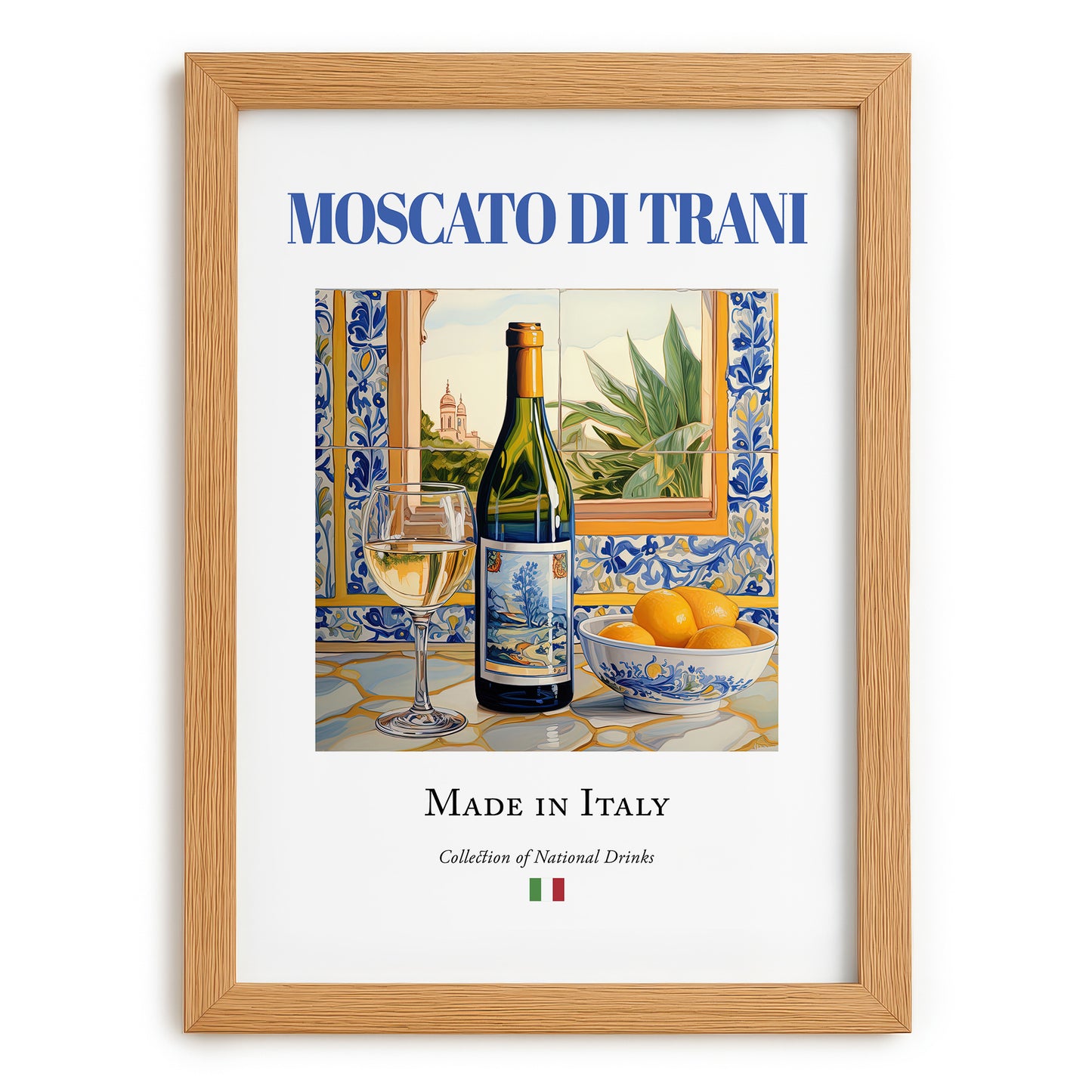 Moscato di Trani – Italian Dessert Wine, Vinoteca Illustration, set in oak frame