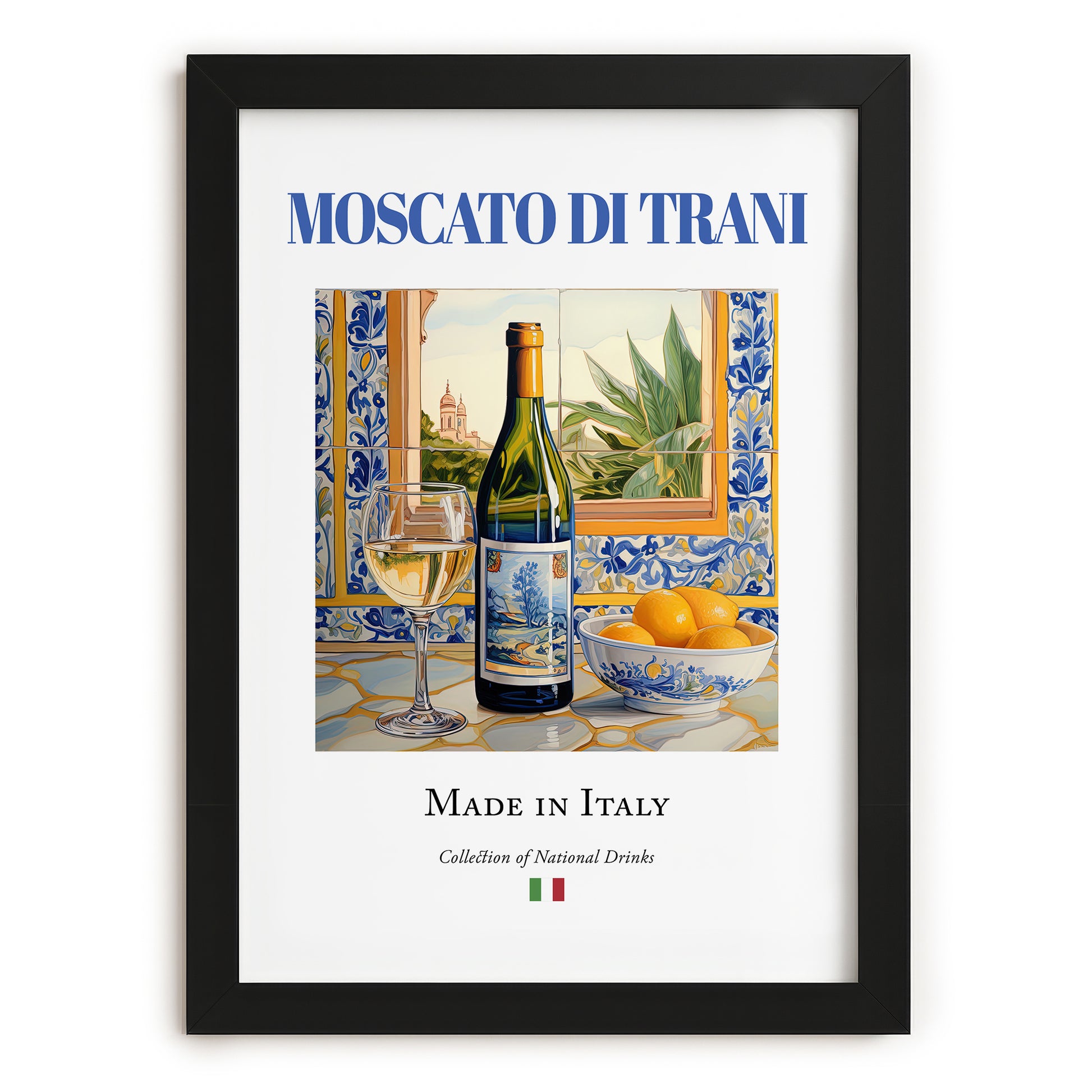 Moscato di Trani – Italian Dessert Wine, Vinoteca Illustration, in sleek black frame