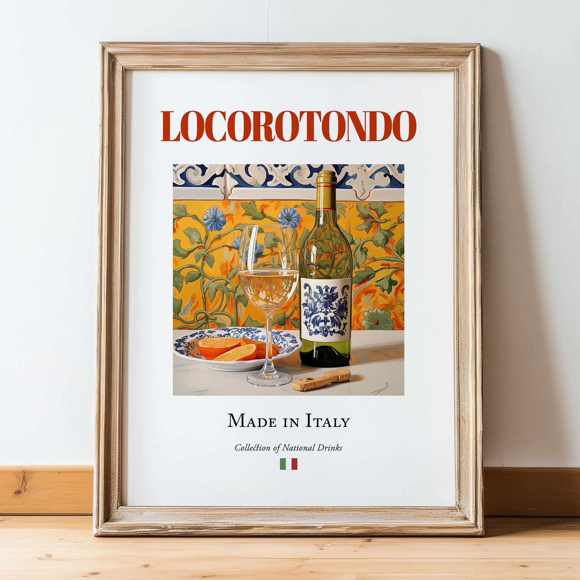 Locorotondo – Italian White Wine, Wine Bar Painting, in wooden frame leaning on the floor