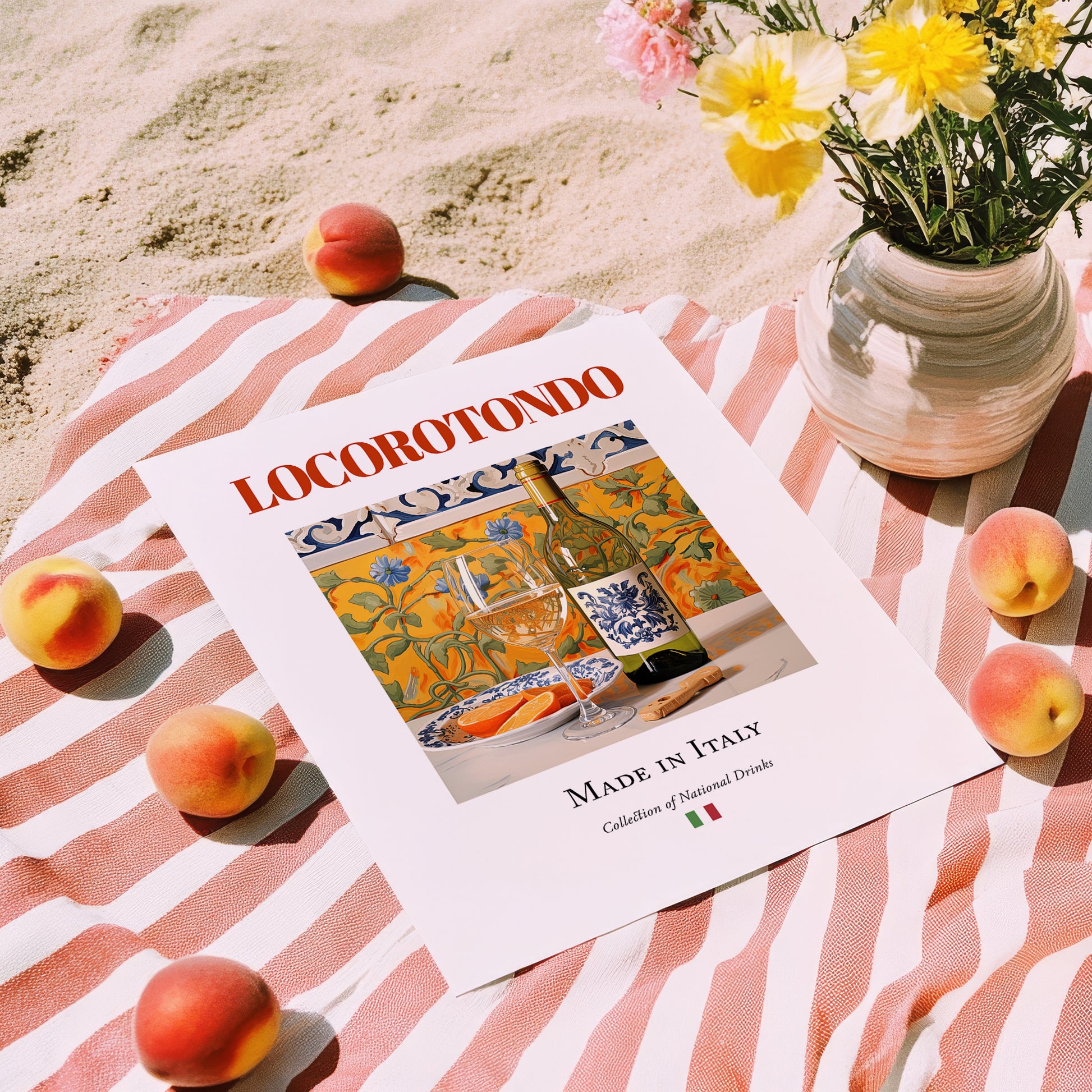 Locorotondo – Italian White Wine, Wine Bar Painting, unframed on coastal sand