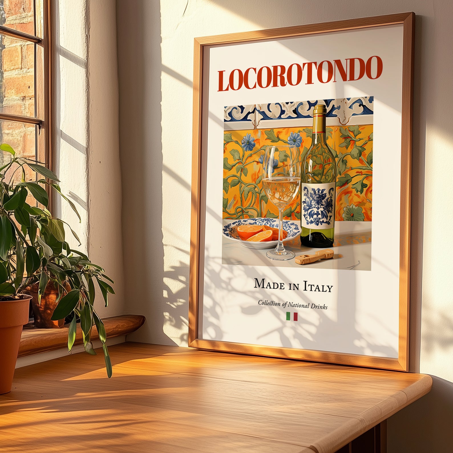 Locorotondo – Italian White Wine, Wine Bar Painting, no-text version framed in wood