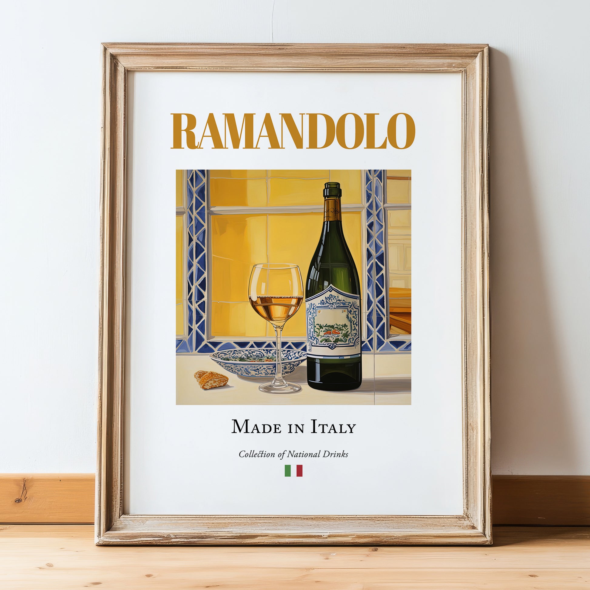 Ramandolo – Italian Dessert Wine, Wine Bar Print, in wooden frame leaning on the floor