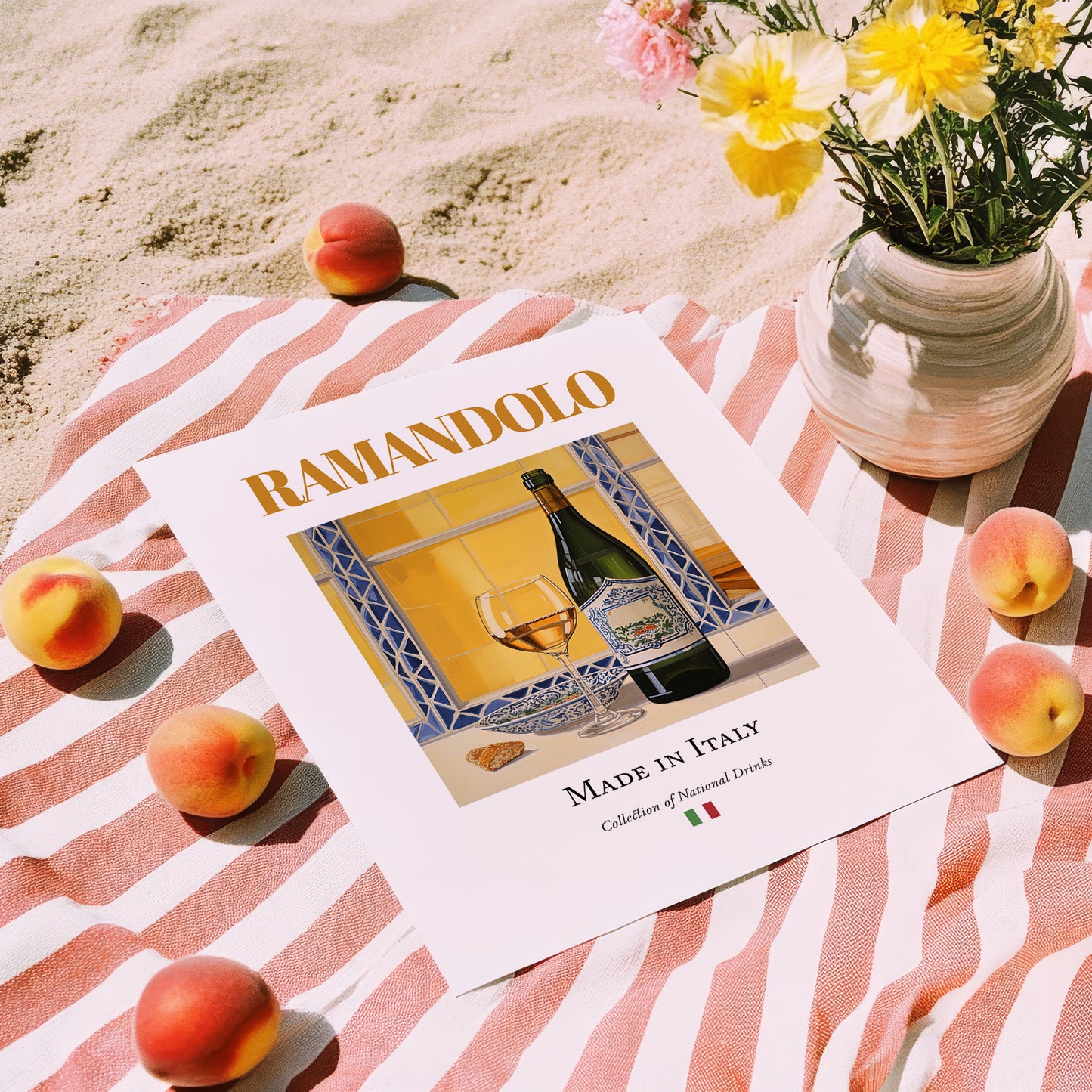 Ramandolo – Italian Dessert Wine, Wine Bar Print, unframed on coastal sand