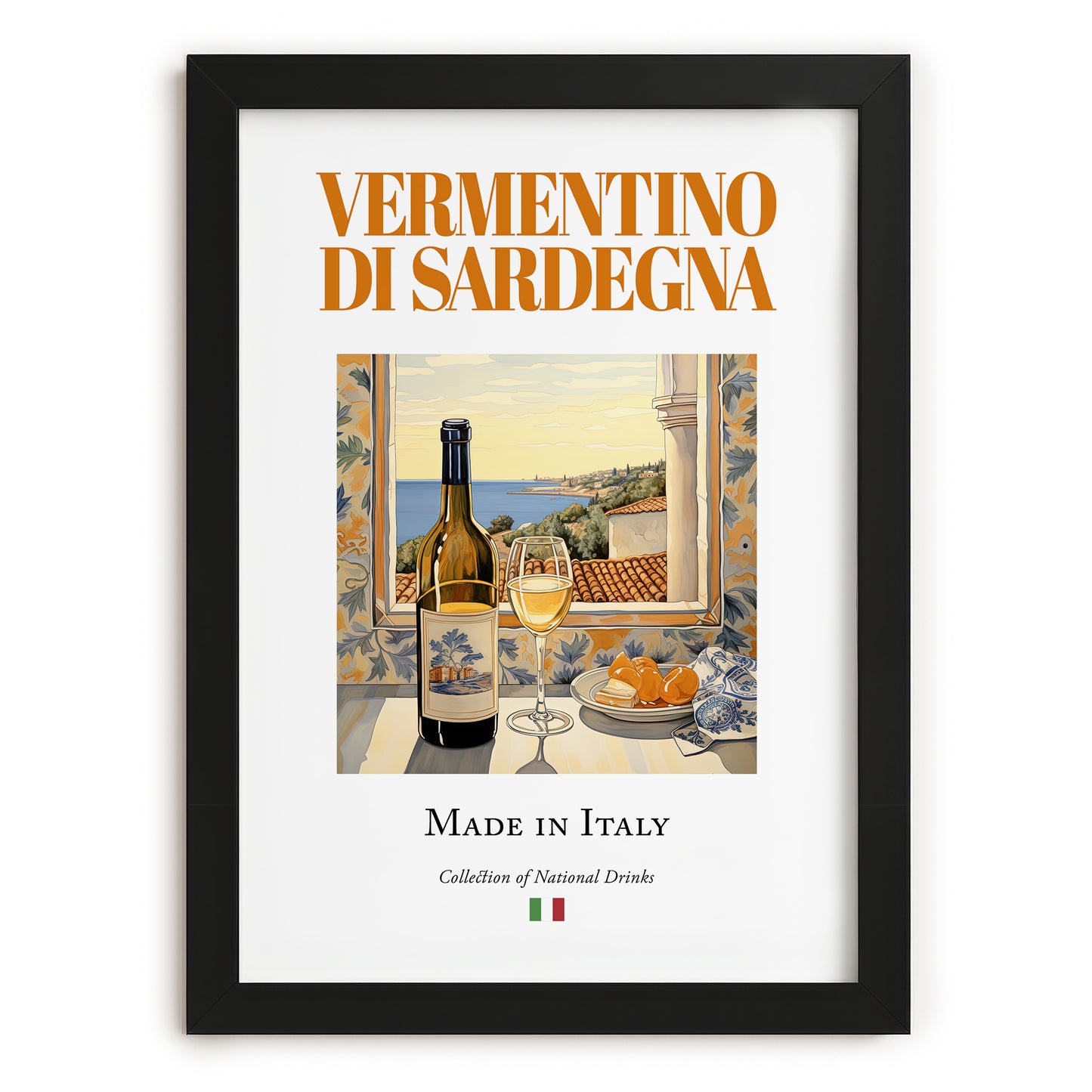 Vermentino di Sardegna – Italian White Wine, Vinoteca Poster, in sleek black frame