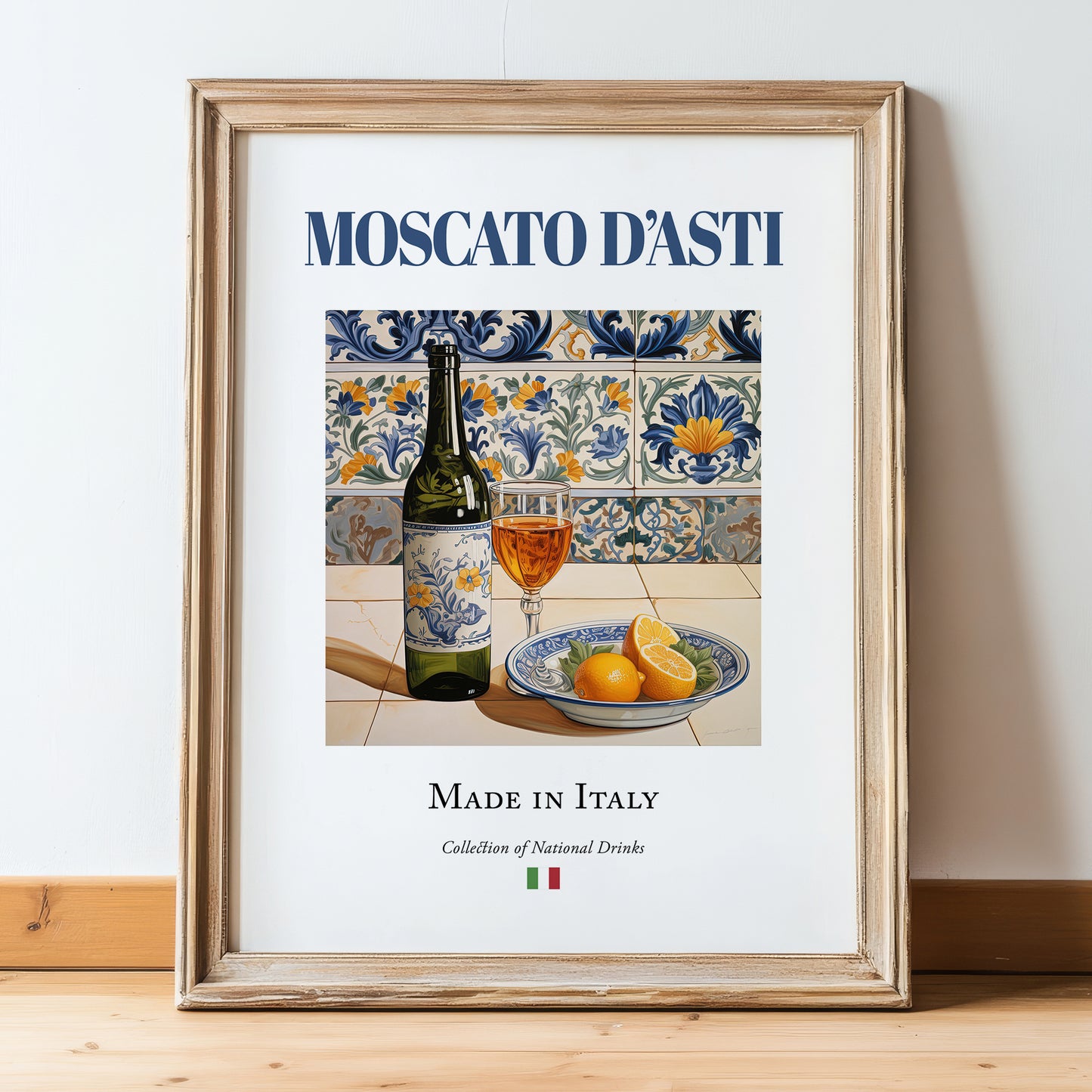 Moscato d'Asti – Italian Dessert Wine, Vineyard Terrace Wall Art, in wooden frame leaning on the floor