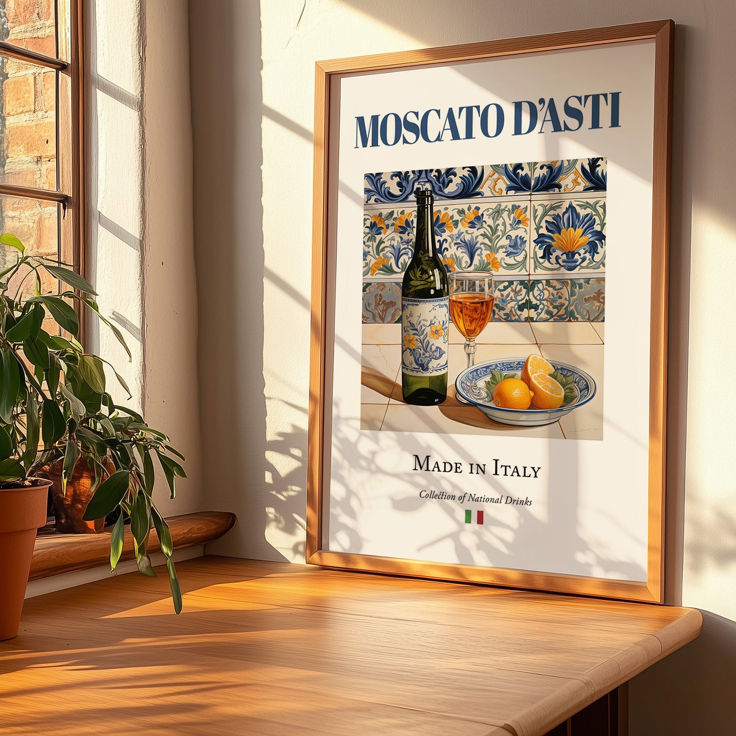 Moscato d'Asti – Italian Dessert Wine, Vineyard Terrace Wall Art, no-text version framed in wood