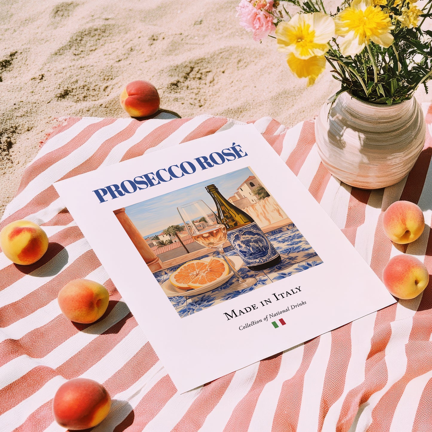 Prosecco rosé – Italian Rose Wine, Vinoteca Print, unframed on coastal sand