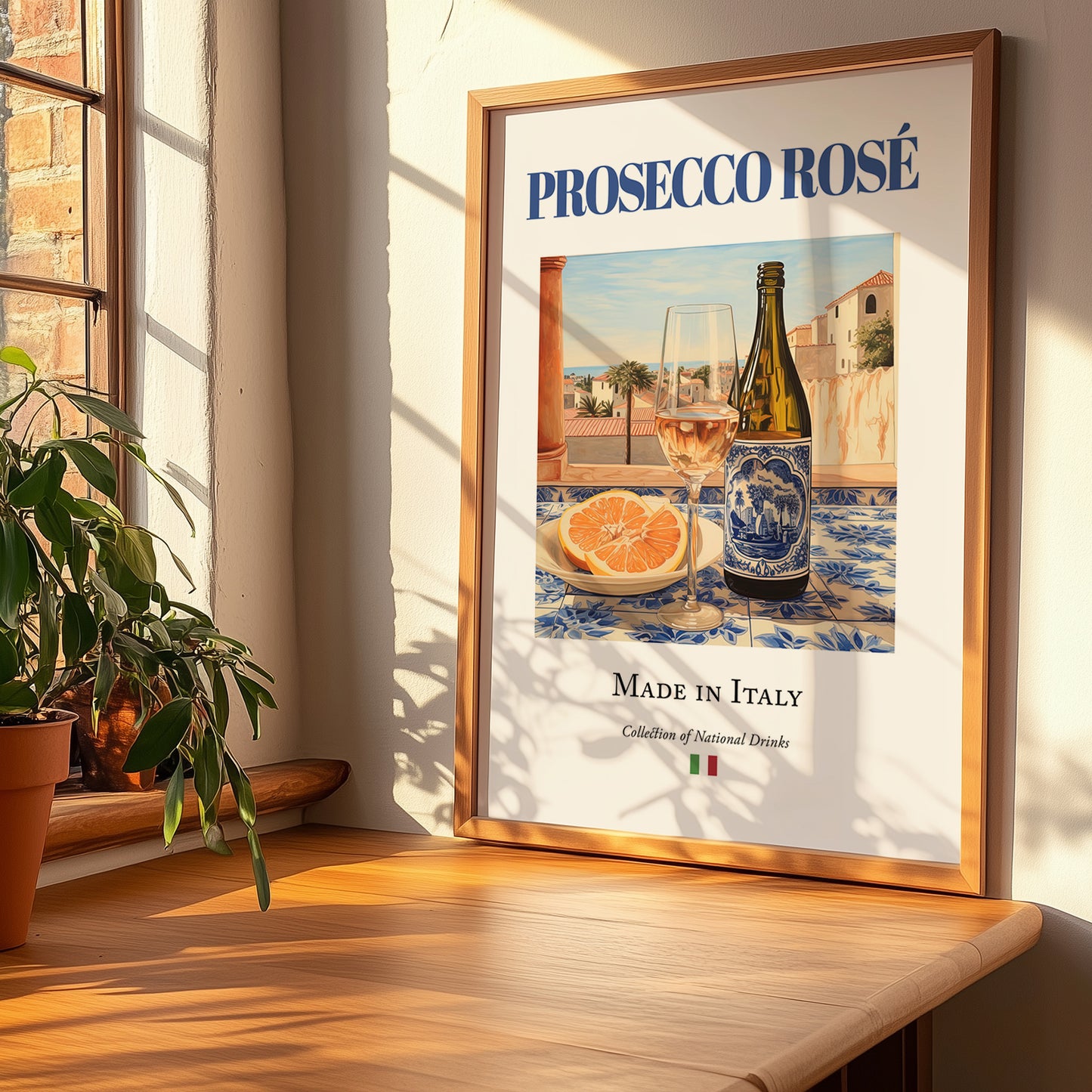 Prosecco rosé – Italian Rose Wine, Vinoteca Print, no-text version framed in wood