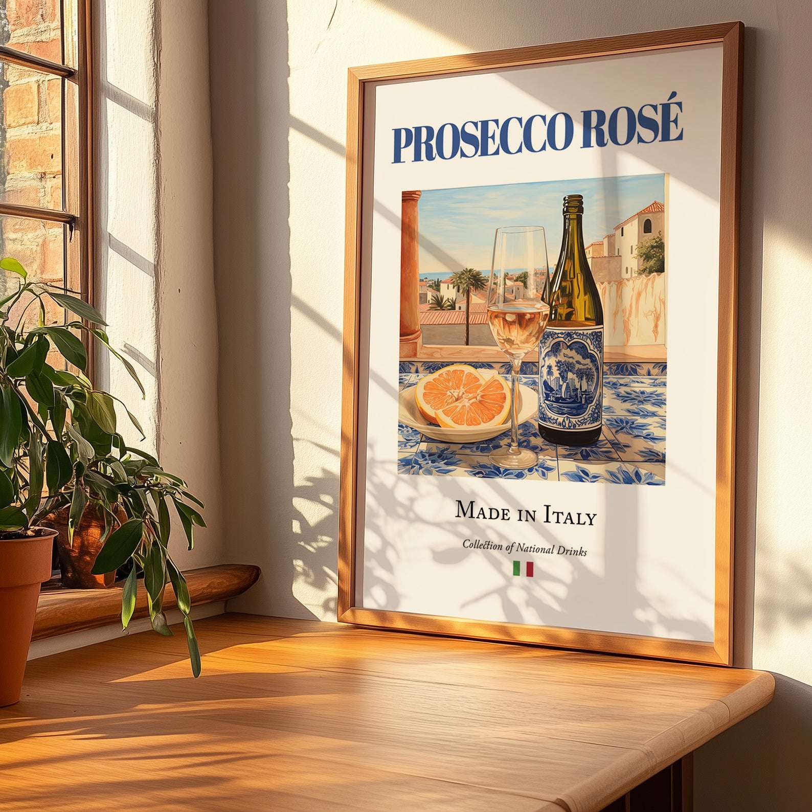 Prosecco rosé – Italian Rose Wine, Vinoteca Print, no-text version framed in wood