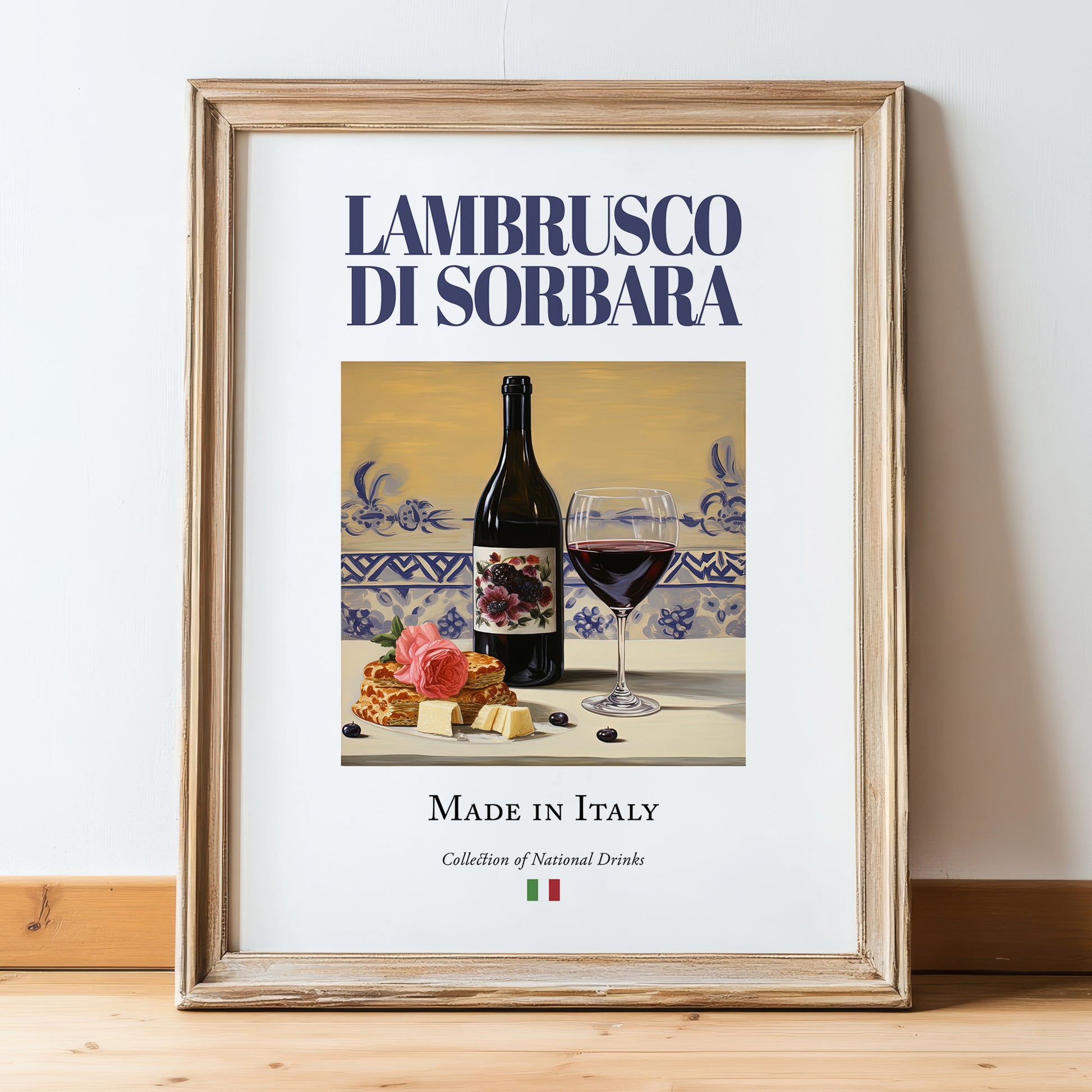 Lambrusco di Sorbara – Italian Sparkling Wine, Tasting Room Poster, in wooden frame leaning on the floor