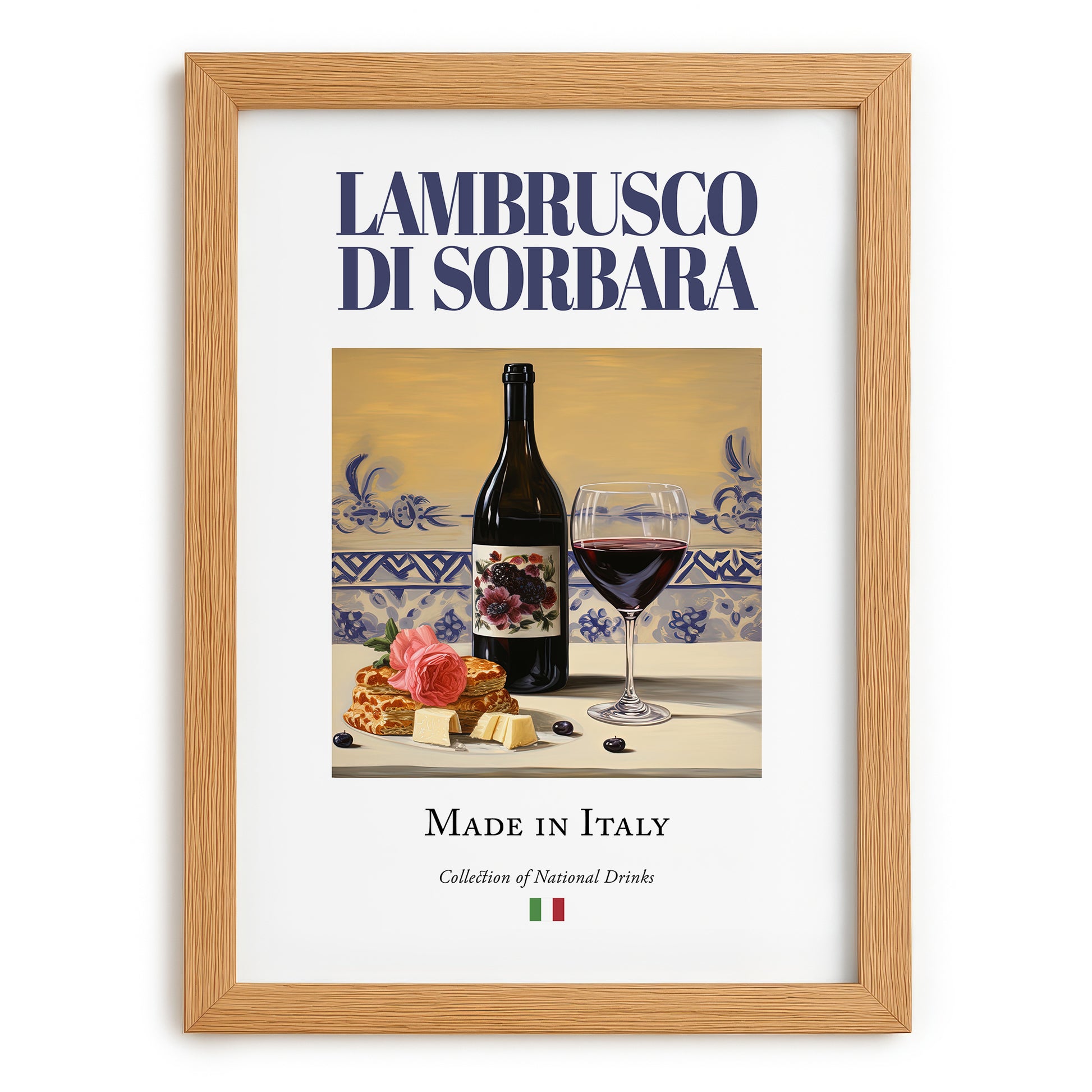 Lambrusco di Sorbara – Italian Sparkling Wine, Tasting Room Poster, set in oak frame