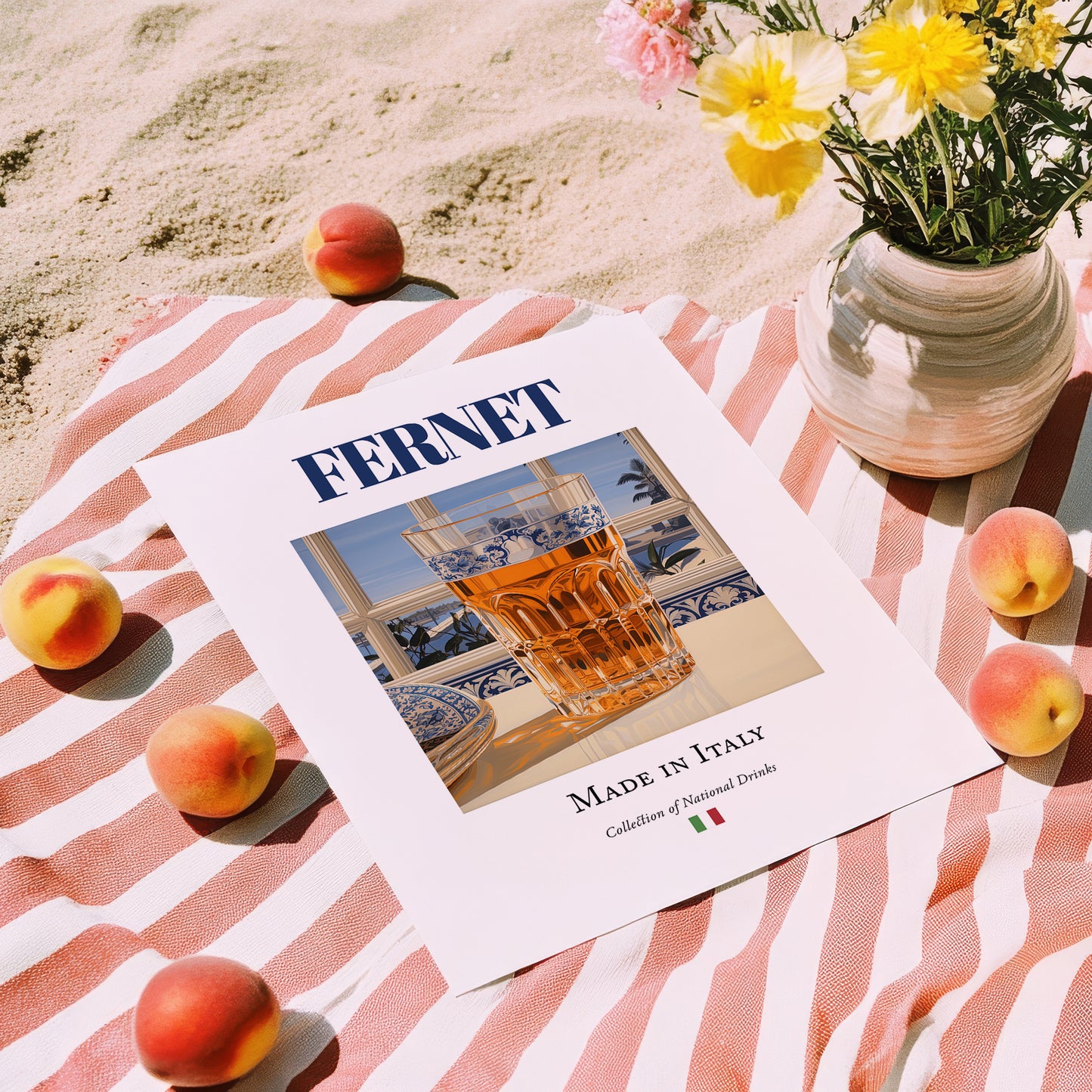 Fernet – Italian Spirit Drink, Hotel Lobby Print, unframed on coastal sand