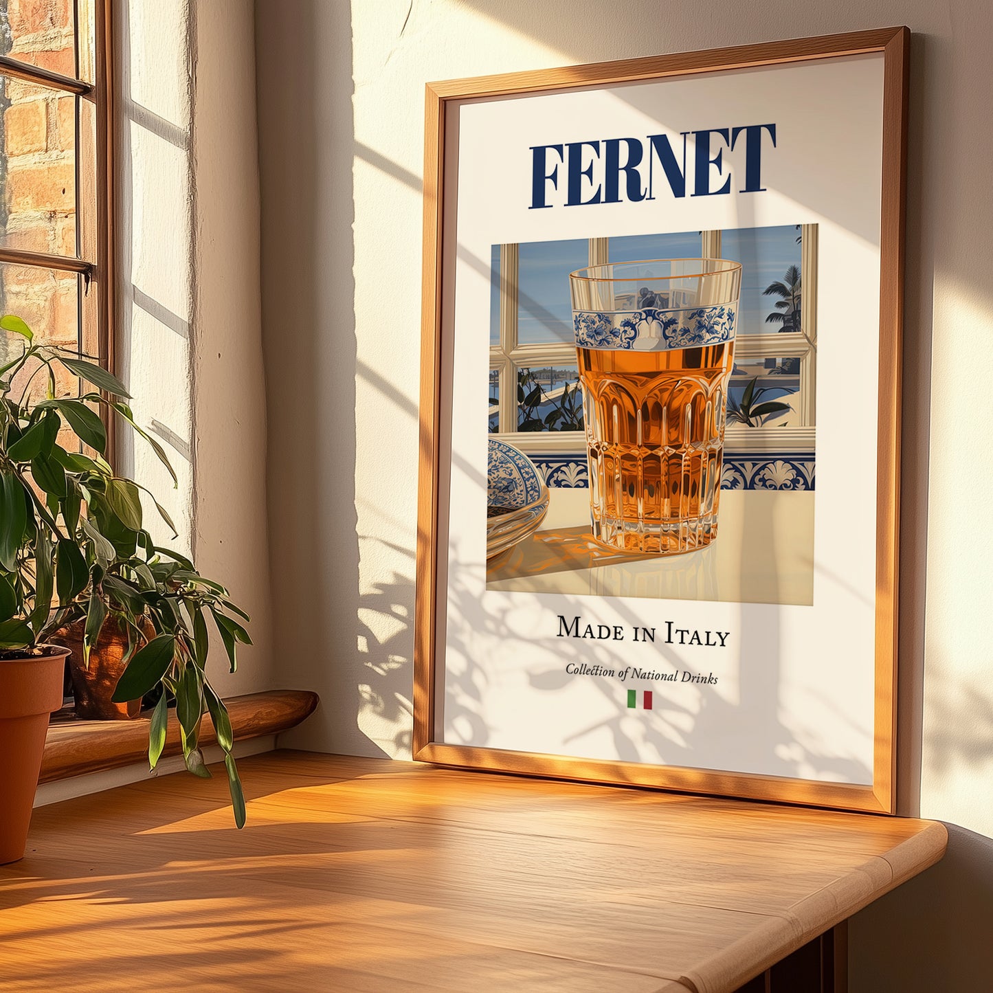 Fernet – Italian Spirit Drink, Hotel Lobby Print, no-text version framed in wood