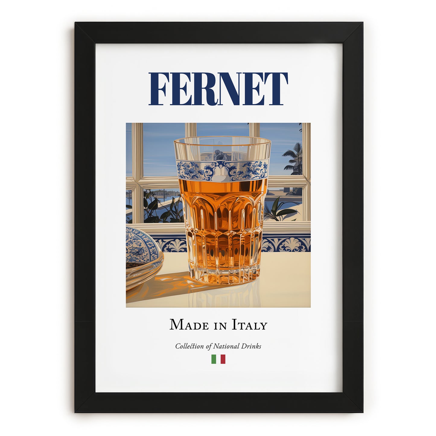 Fernet – Italian Spirit Drink, Hotel Lobby Print, in sleek black frame
