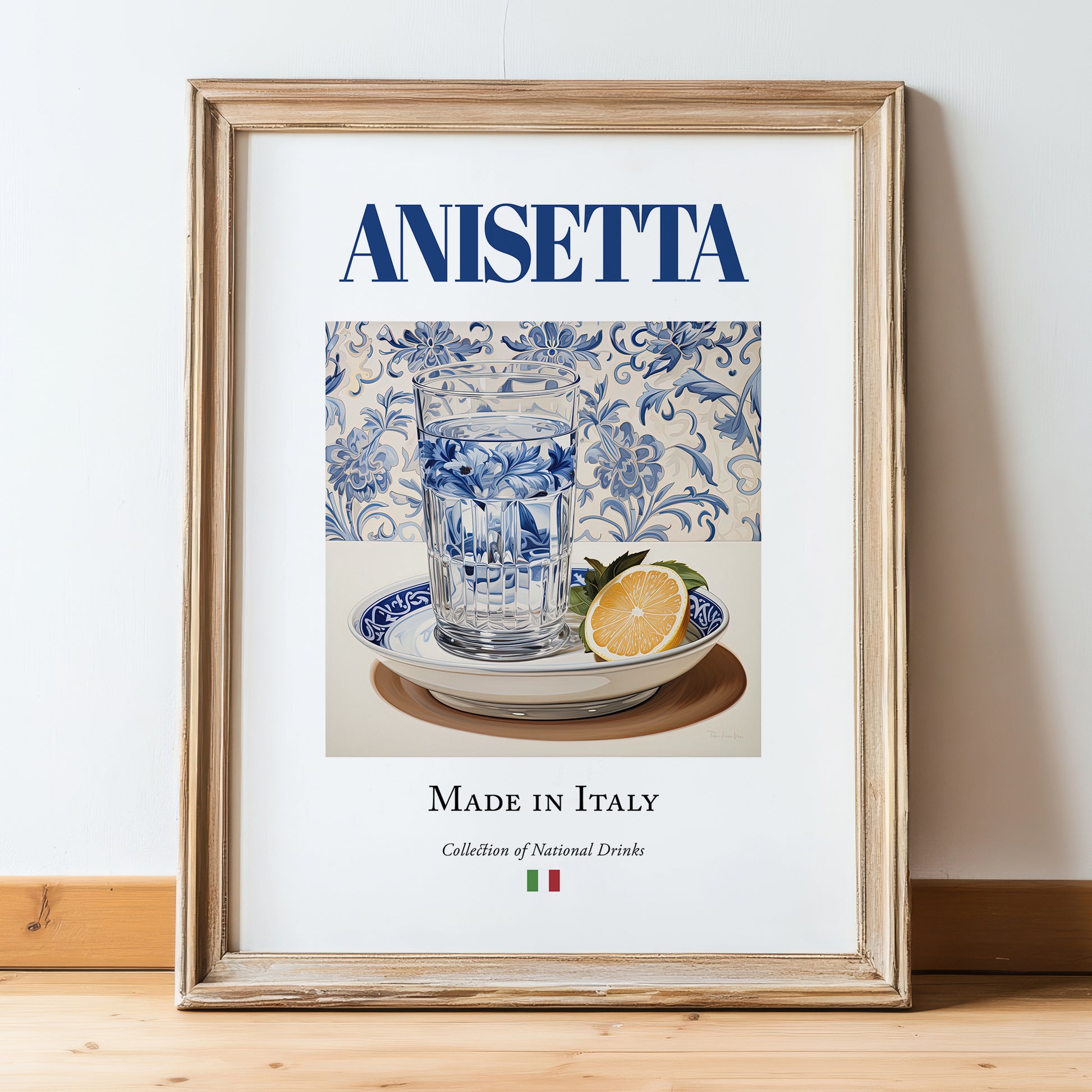 Anisetta – Italian Liqueur Drink, Sky Bar Still Life, in wooden frame leaning on the floor
