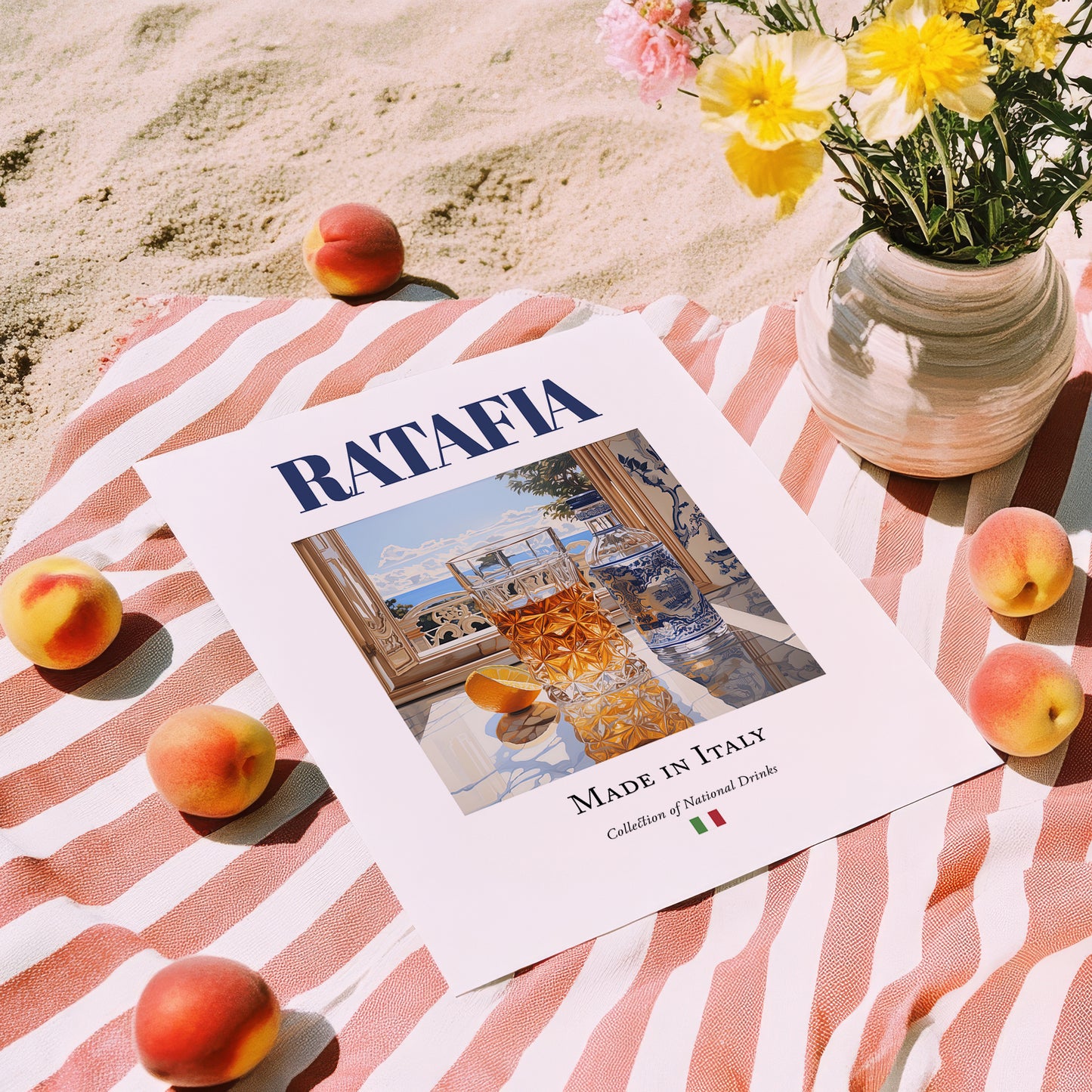 Ratafia – Italian Liqueur Drink, Sky Bar Wall Decor, unframed on coastal sand