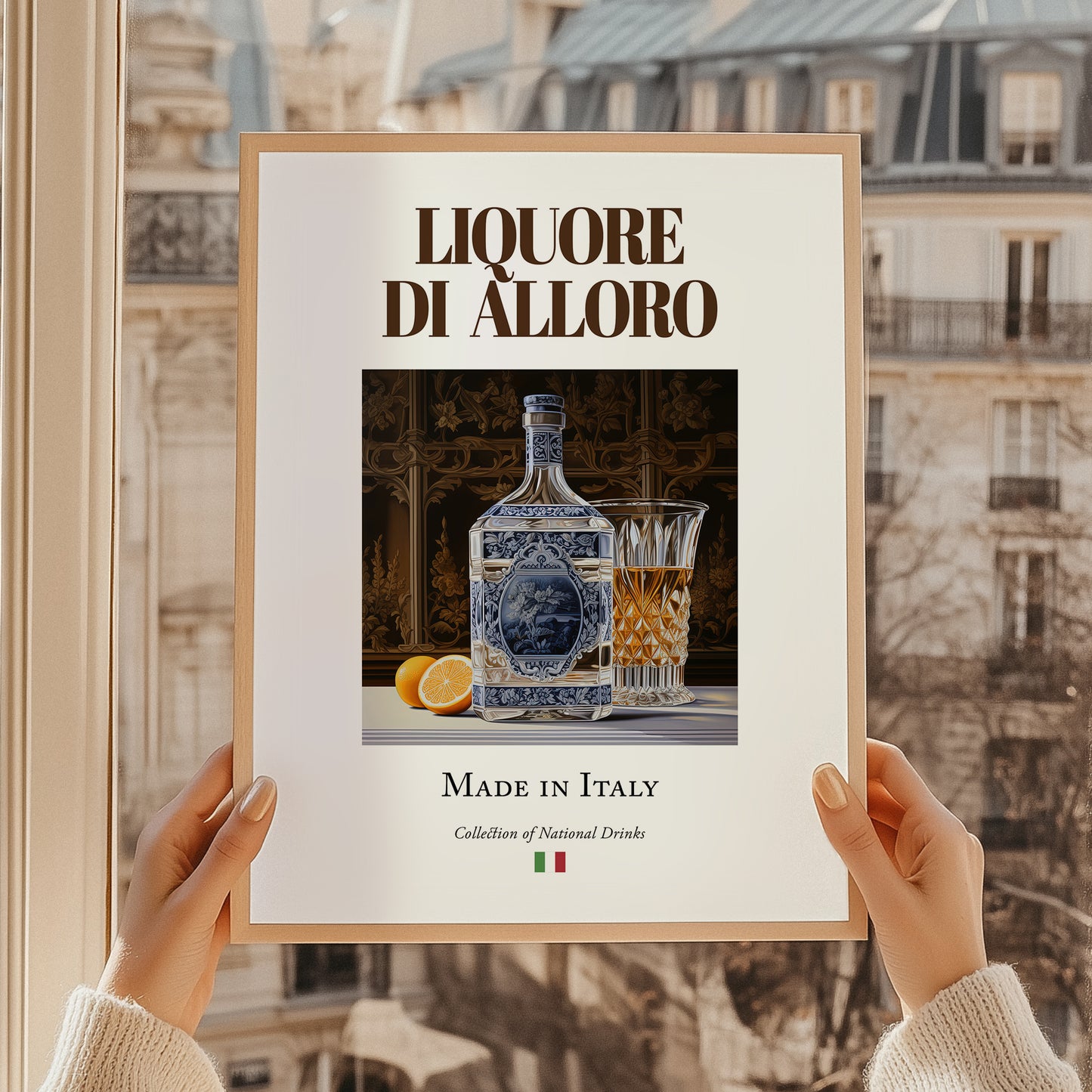 Liquore di alloro – Italian Liqueur Drink, Cocktail Lounge Still Life, styled in a charming Paris street view