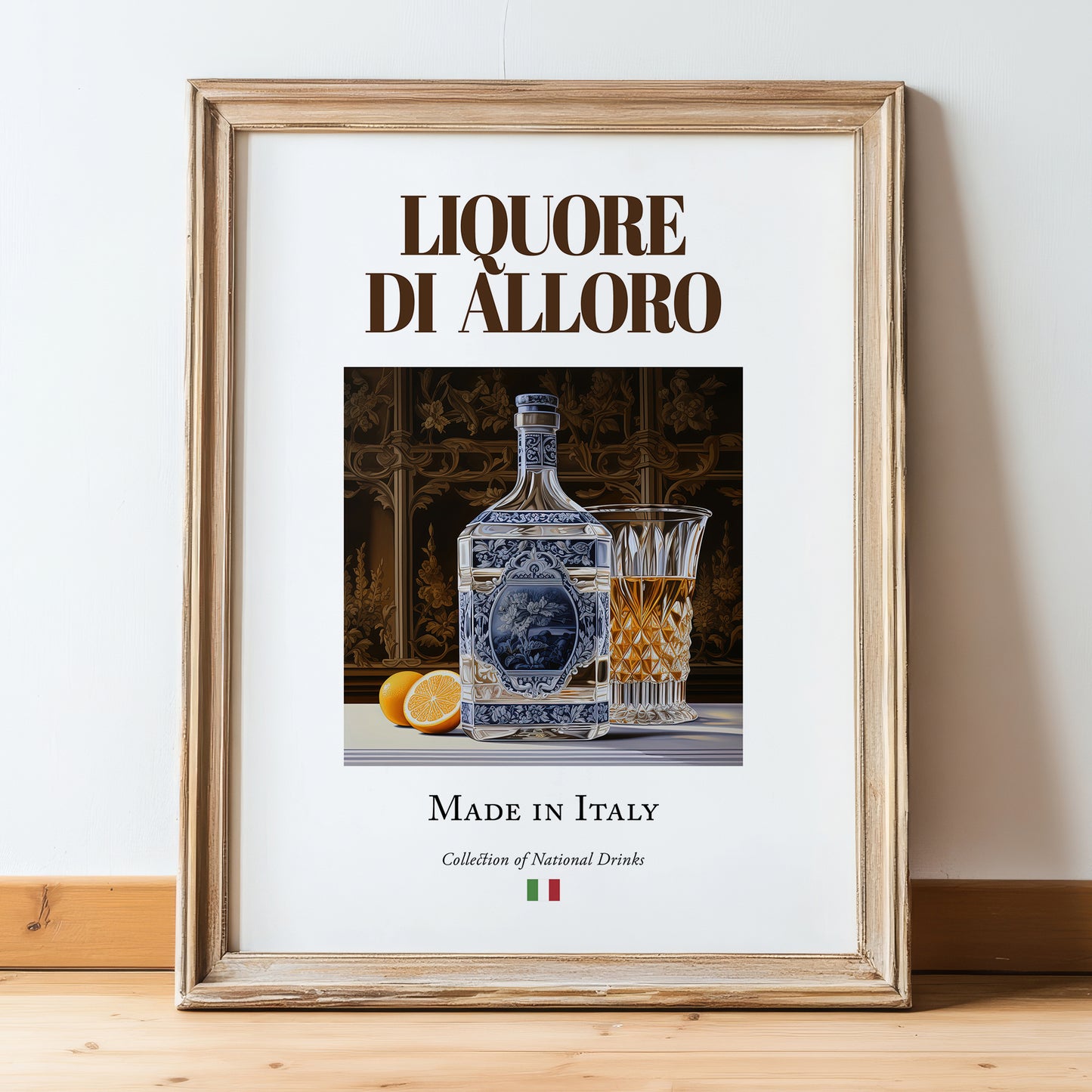 Liquore di alloro – Italian Liqueur Drink, Cocktail Lounge Still Life, in wooden frame leaning on the floor