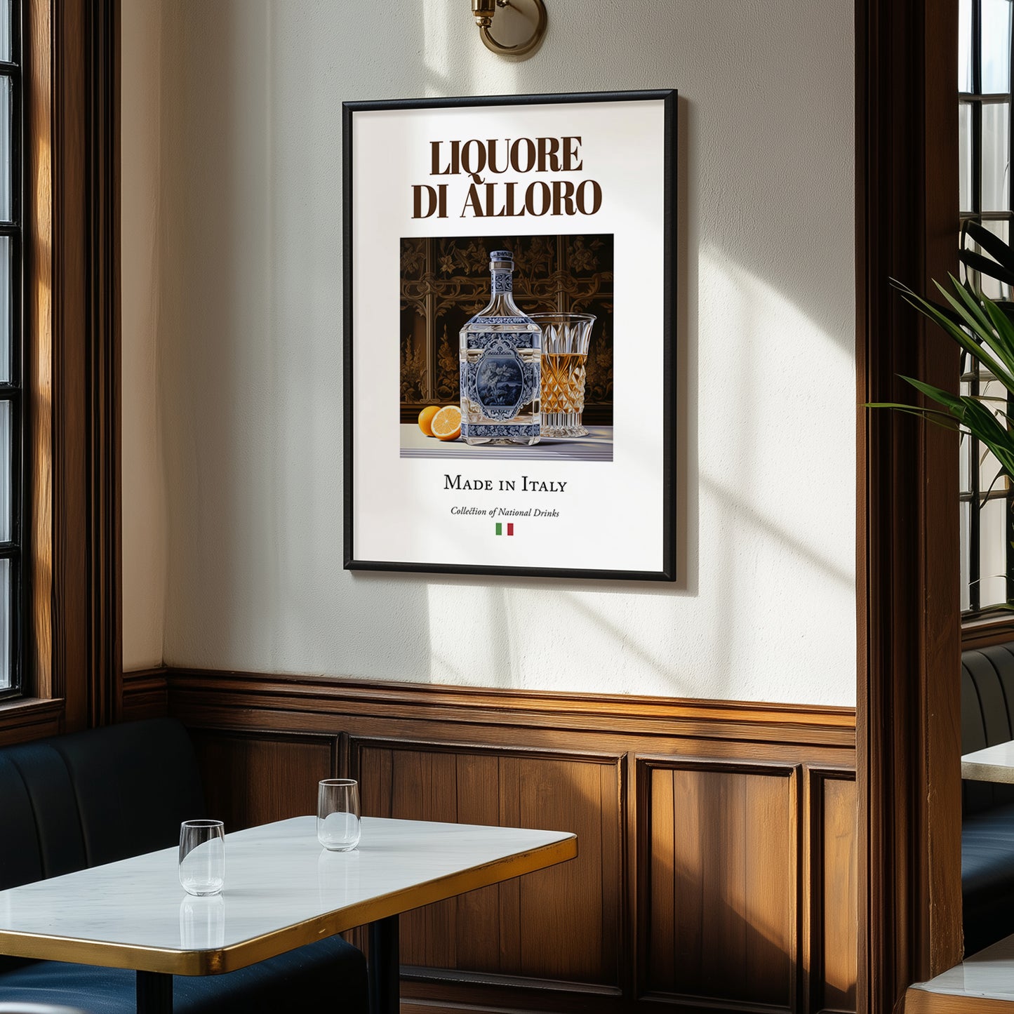 Liquore di alloro – Italian Liqueur Drink, Cocktail Lounge Still Life, clean layout with no caption