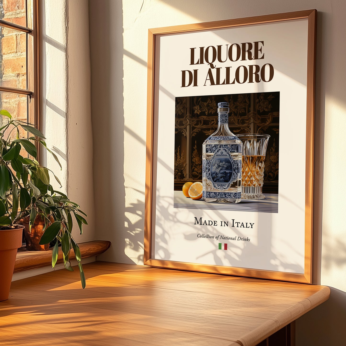 Liquore di alloro – Italian Liqueur Drink, Cocktail Lounge Still Life, no-text version framed in wood