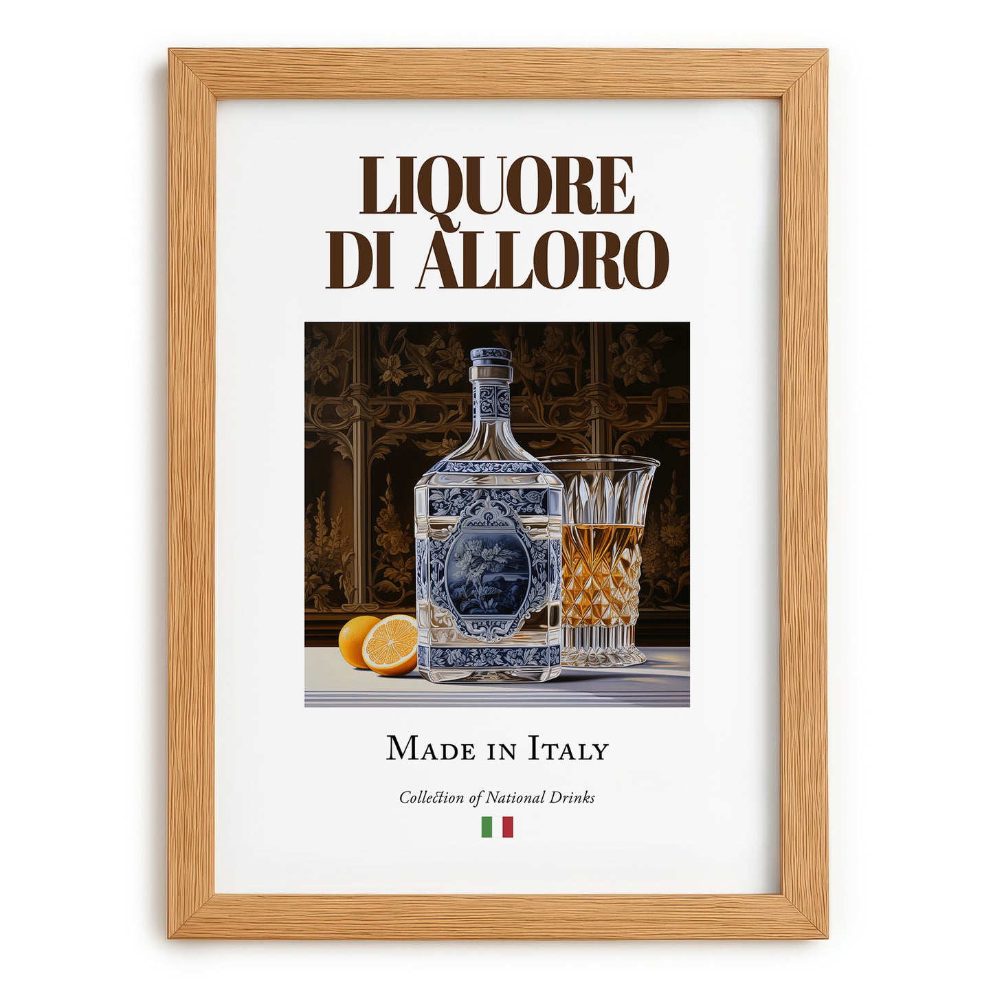 Liquore di alloro – Italian Liqueur Drink, Cocktail Lounge Still Life, set in oak frame