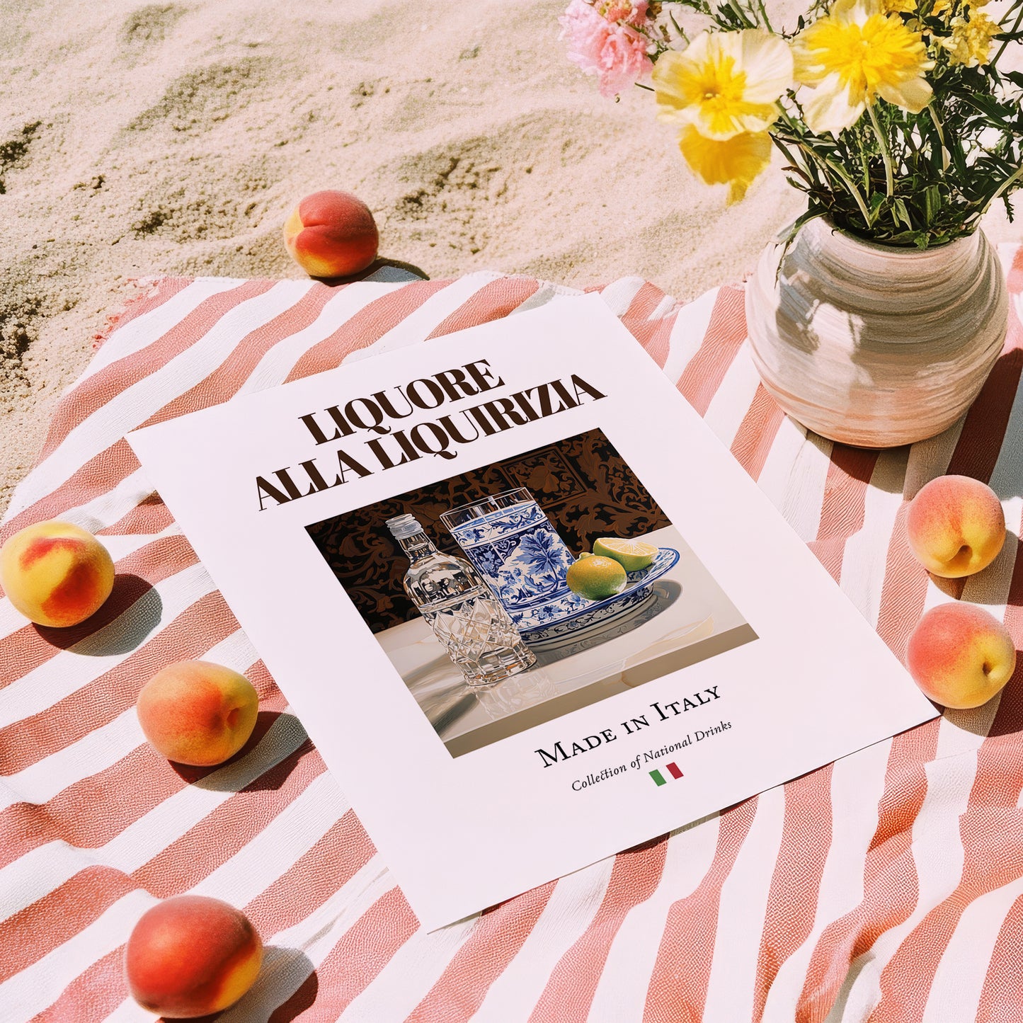 Liquore alla liquirizia – Italian Liqueur Drink, Rooftop Terrace Still Life, unframed on coastal sand