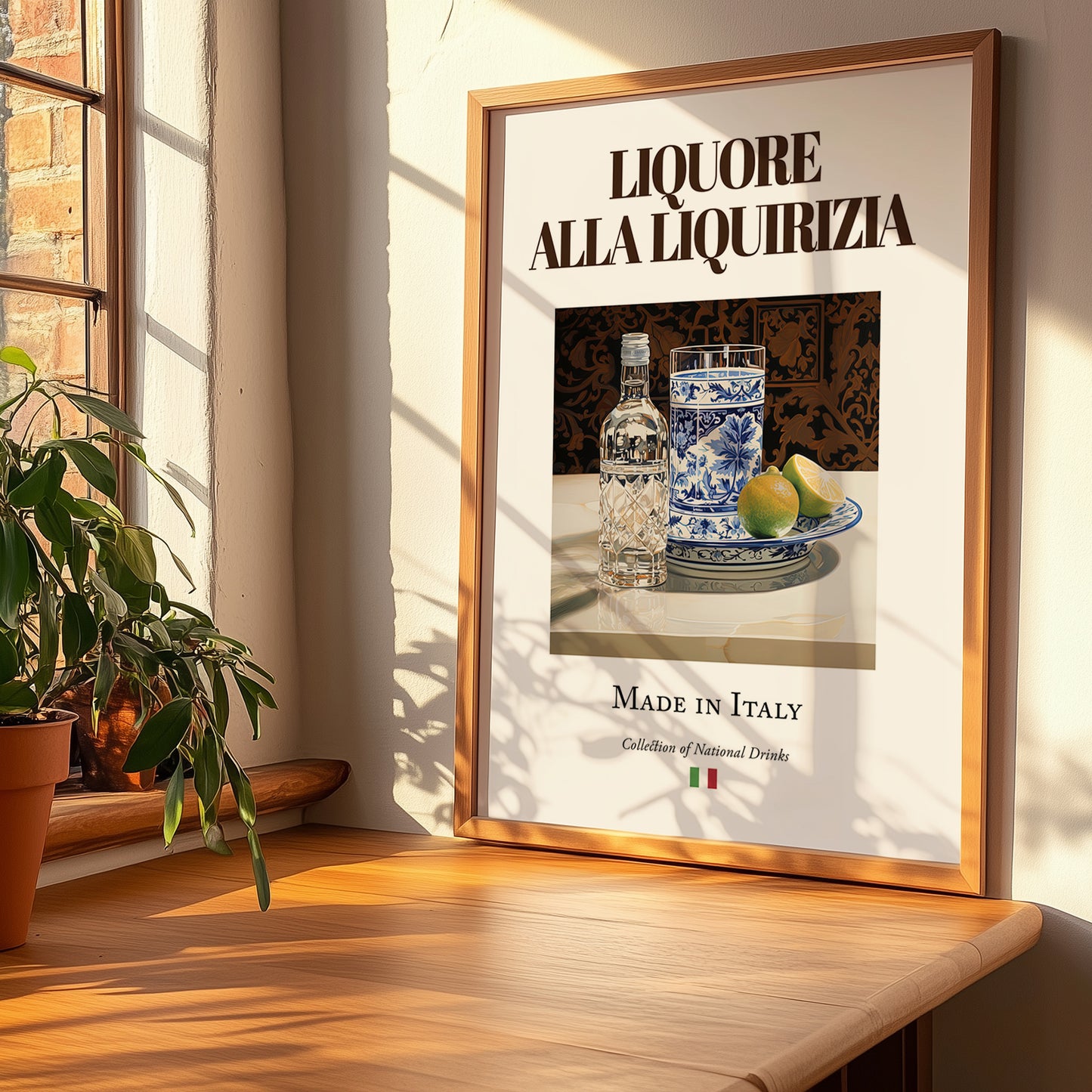 Liquore alla liquirizia – Italian Liqueur Drink, Rooftop Terrace Still Life, no-text version framed in wood