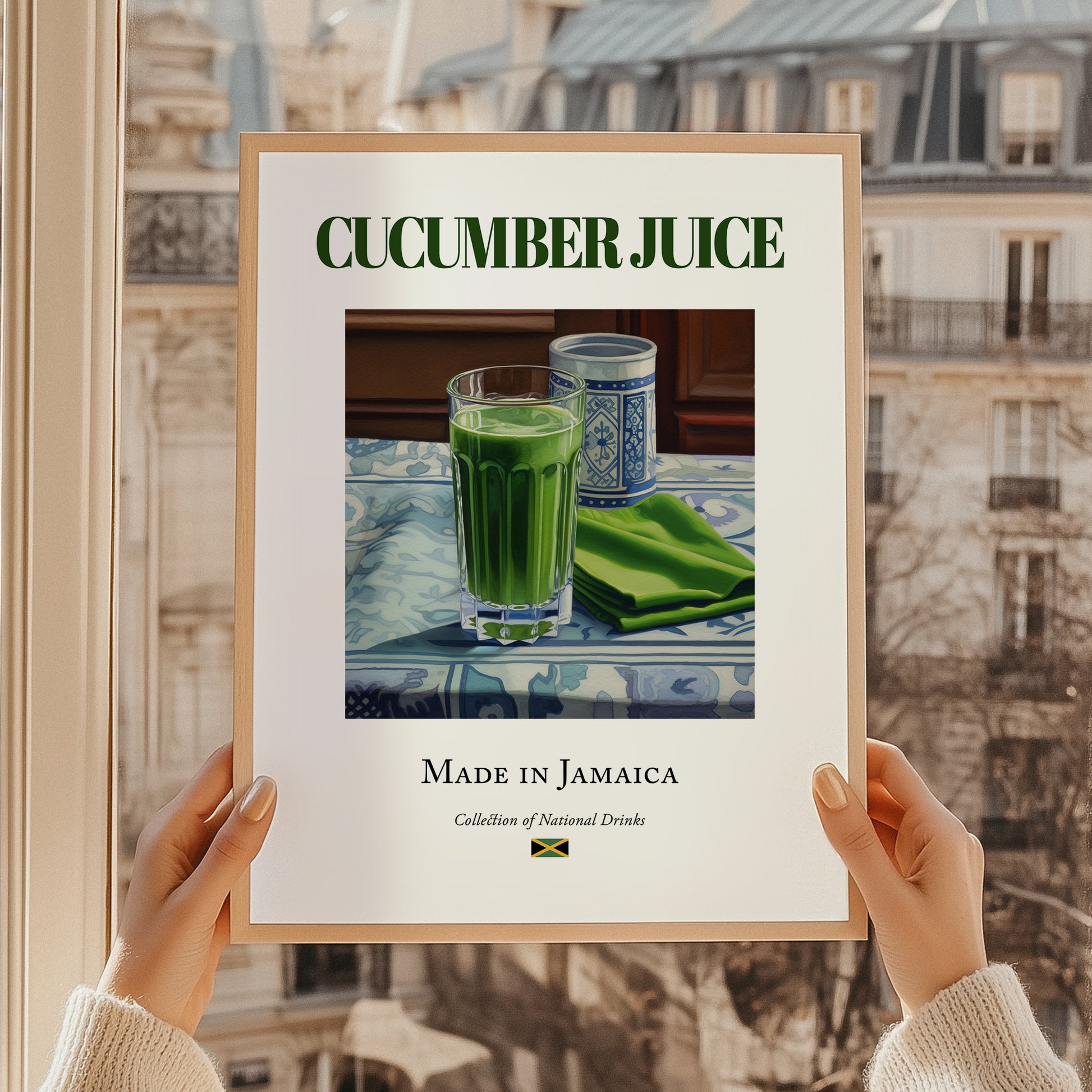 Cucumber Juice – Jamaican Beverage Drink, Rooftop Terrace Poster, styled in a charming Paris street view