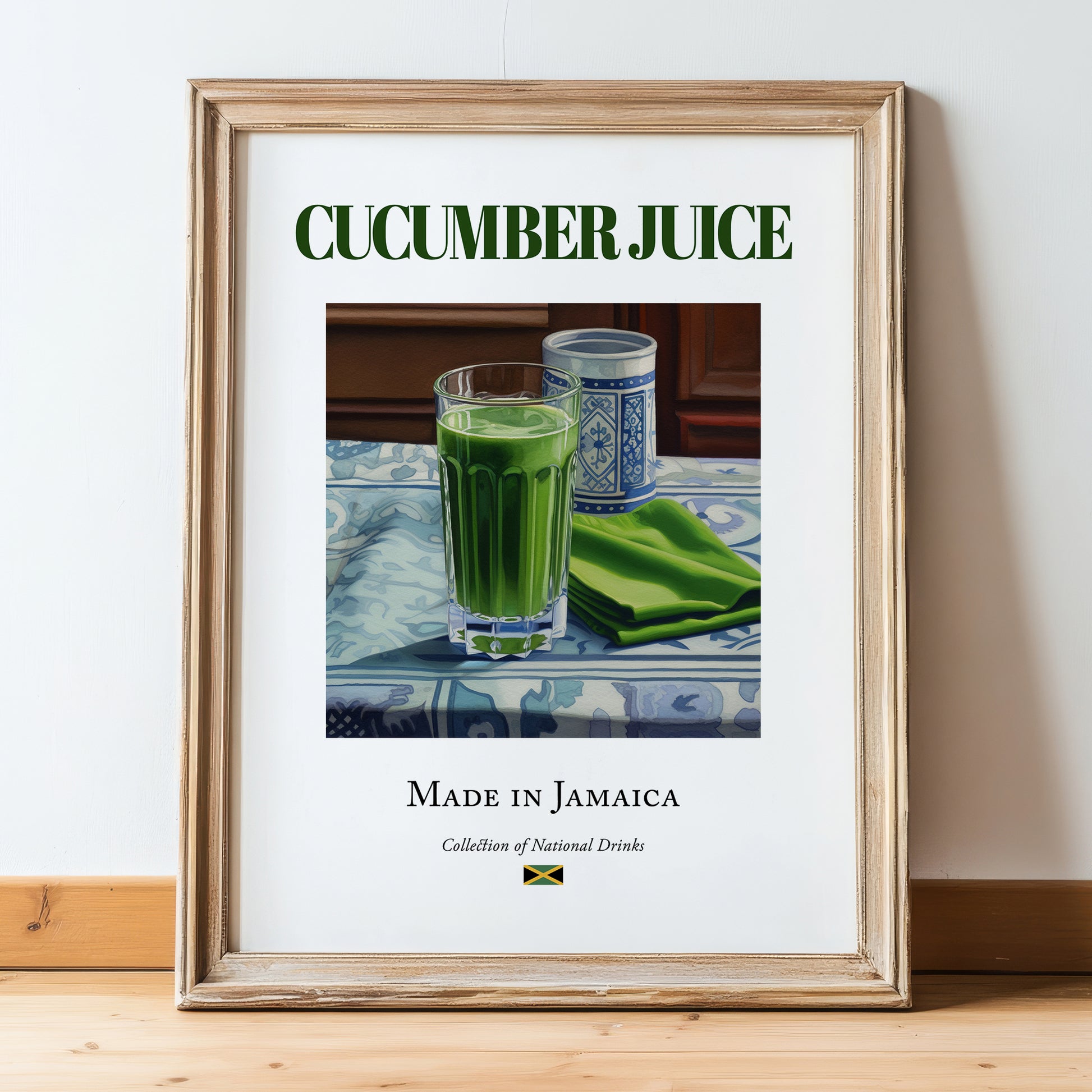 Cucumber Juice – Jamaican Beverage Drink, Rooftop Terrace Poster, in wooden frame leaning on the floor