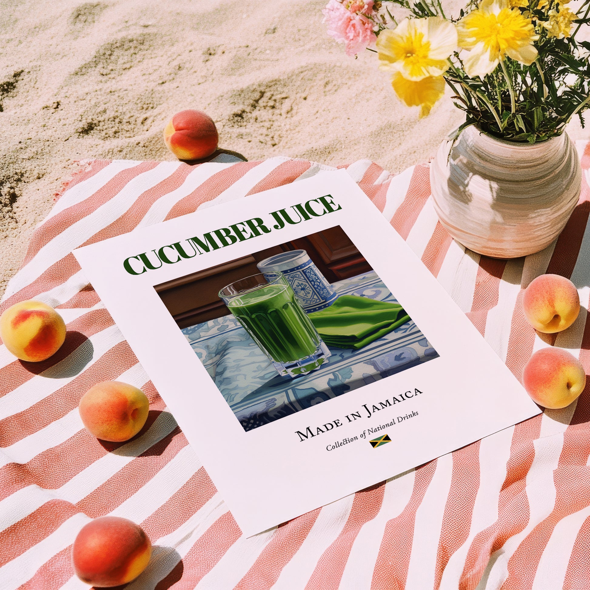 Cucumber Juice – Jamaican Beverage Drink, Rooftop Terrace Poster, unframed on coastal sand