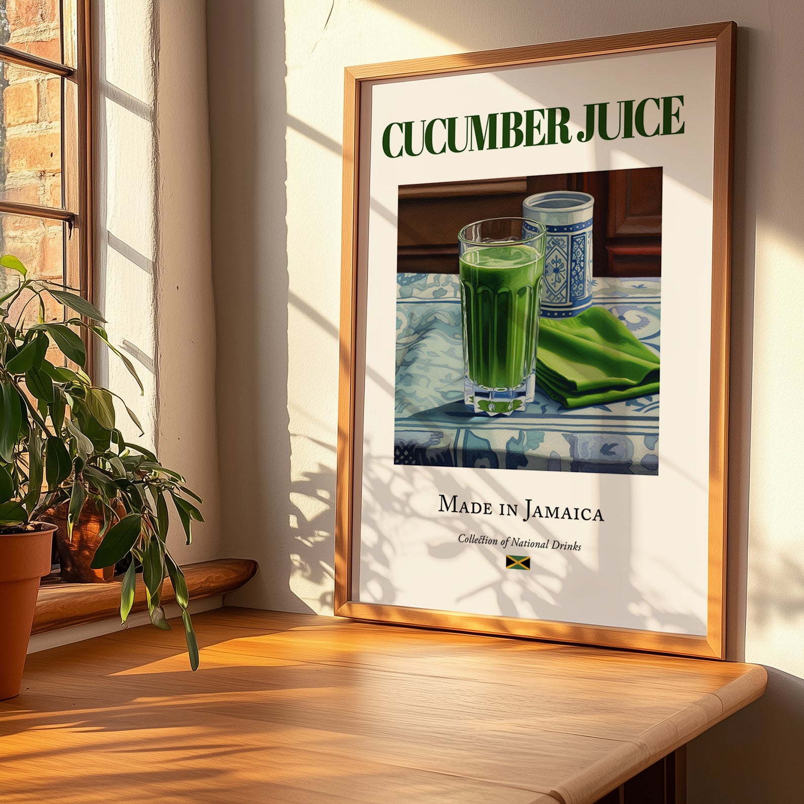 Cucumber Juice – Jamaican Beverage Drink, Rooftop Terrace Poster, no-text version framed in wood