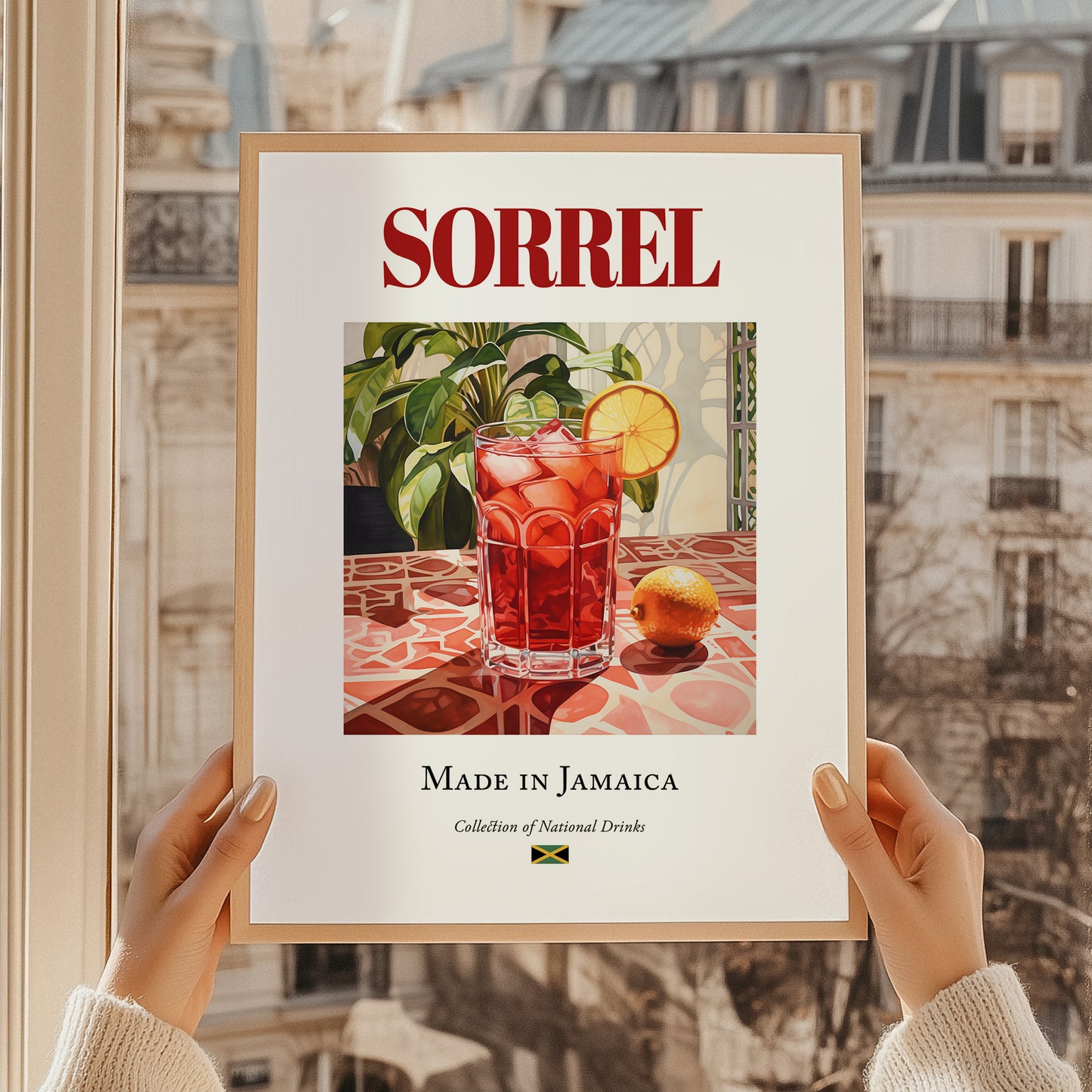 Sorrel – Jamaican Beverage Drink, Jazz Bar Print, styled in a charming Paris street view