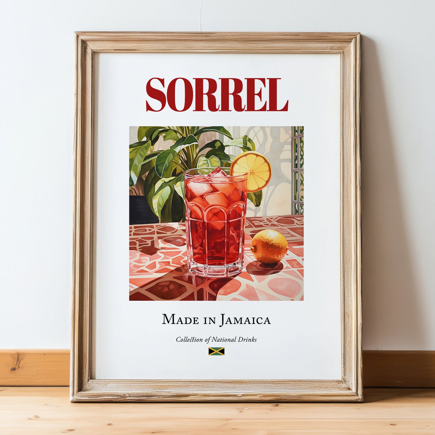 Sorrel – Jamaican Beverage Drink, Jazz Bar Print, in wooden frame leaning on the floor