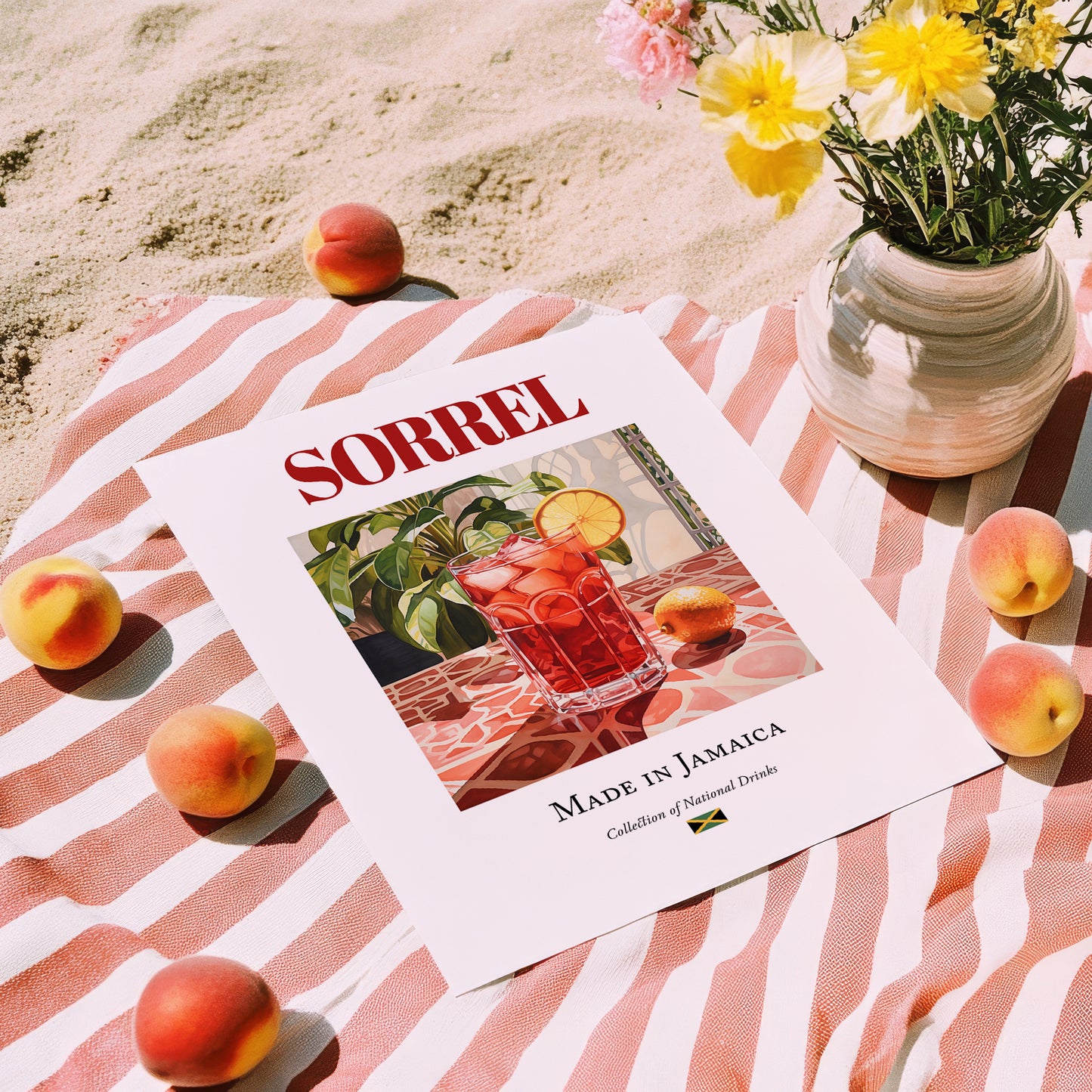 Sorrel – Jamaican Beverage Drink, Jazz Bar Print, unframed on coastal sand