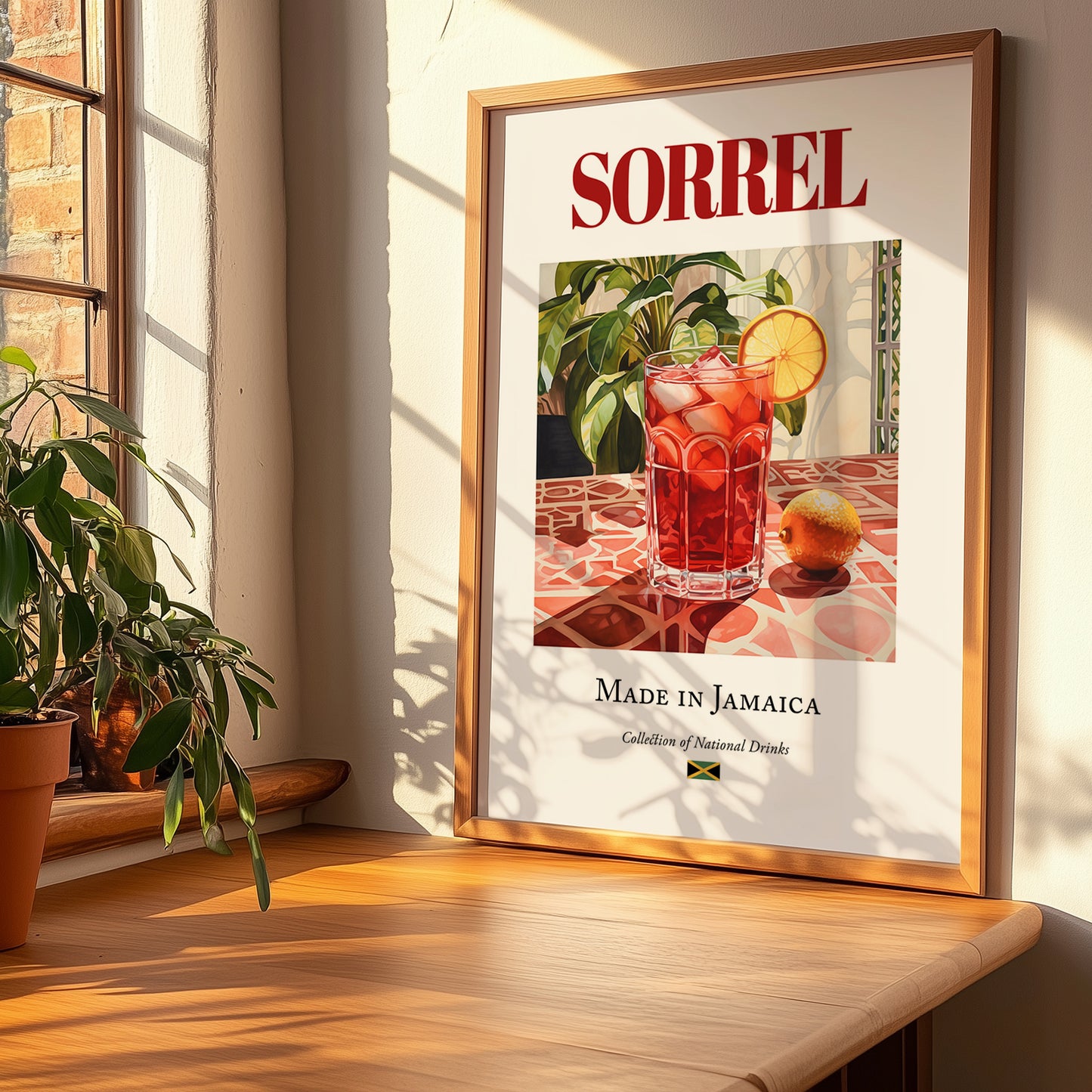 Sorrel – Jamaican Beverage Drink, Jazz Bar Print, no-text version framed in wood