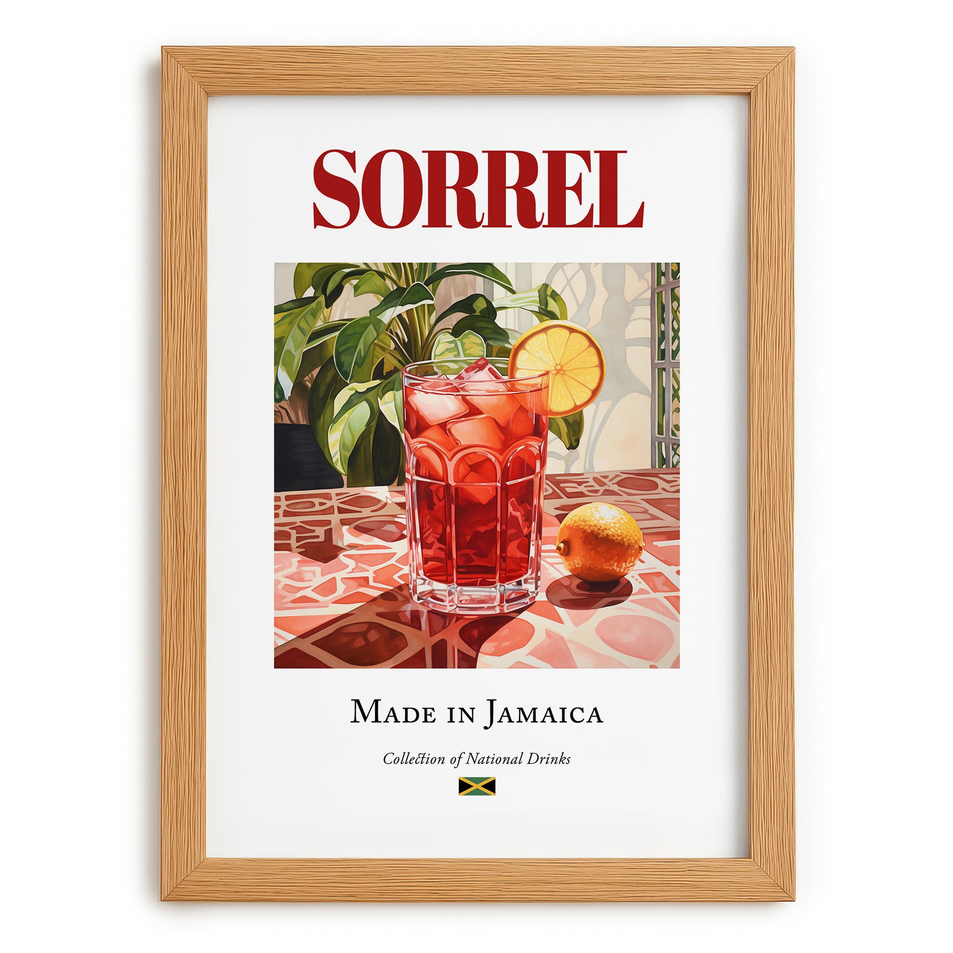 Sorrel – Jamaican Beverage Drink, Jazz Bar Print, set in oak frame