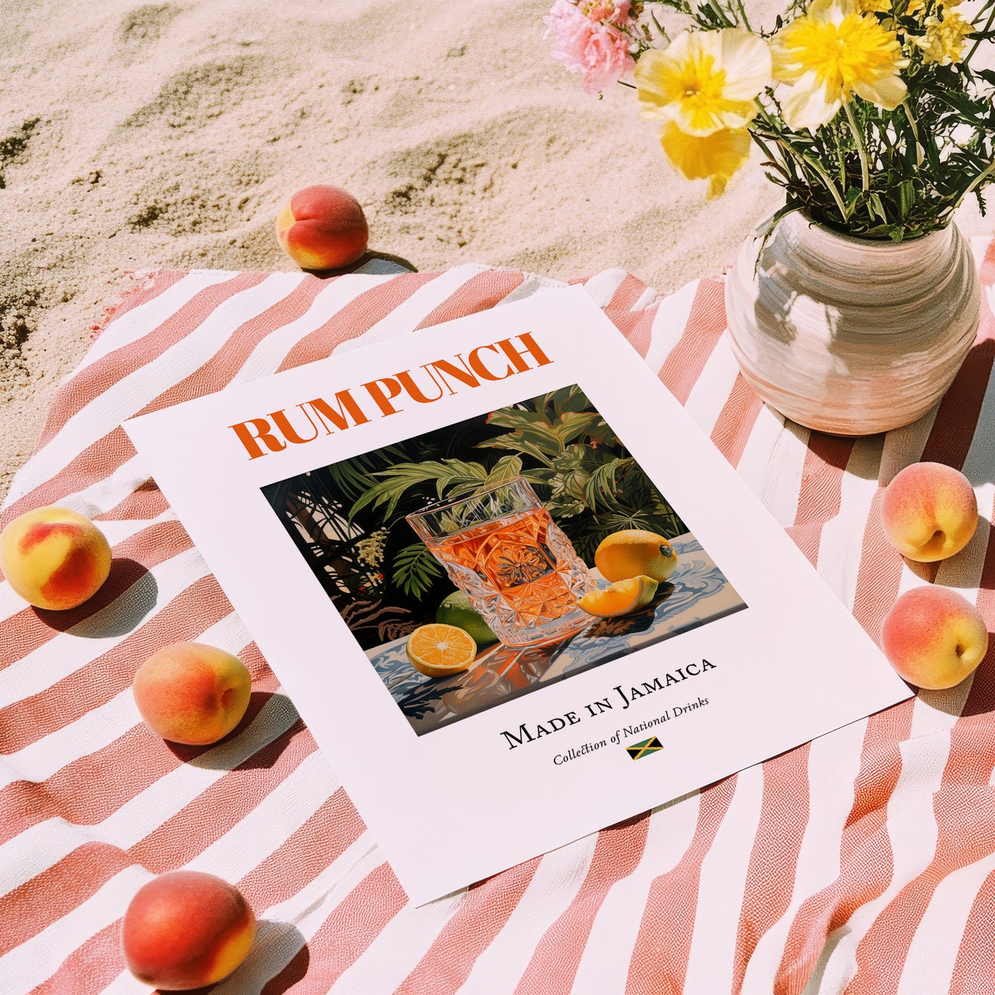 Rum Punch – Jamaican Cocktail Drink, Rooftop Terrace Wall Decor, unframed on coastal sand