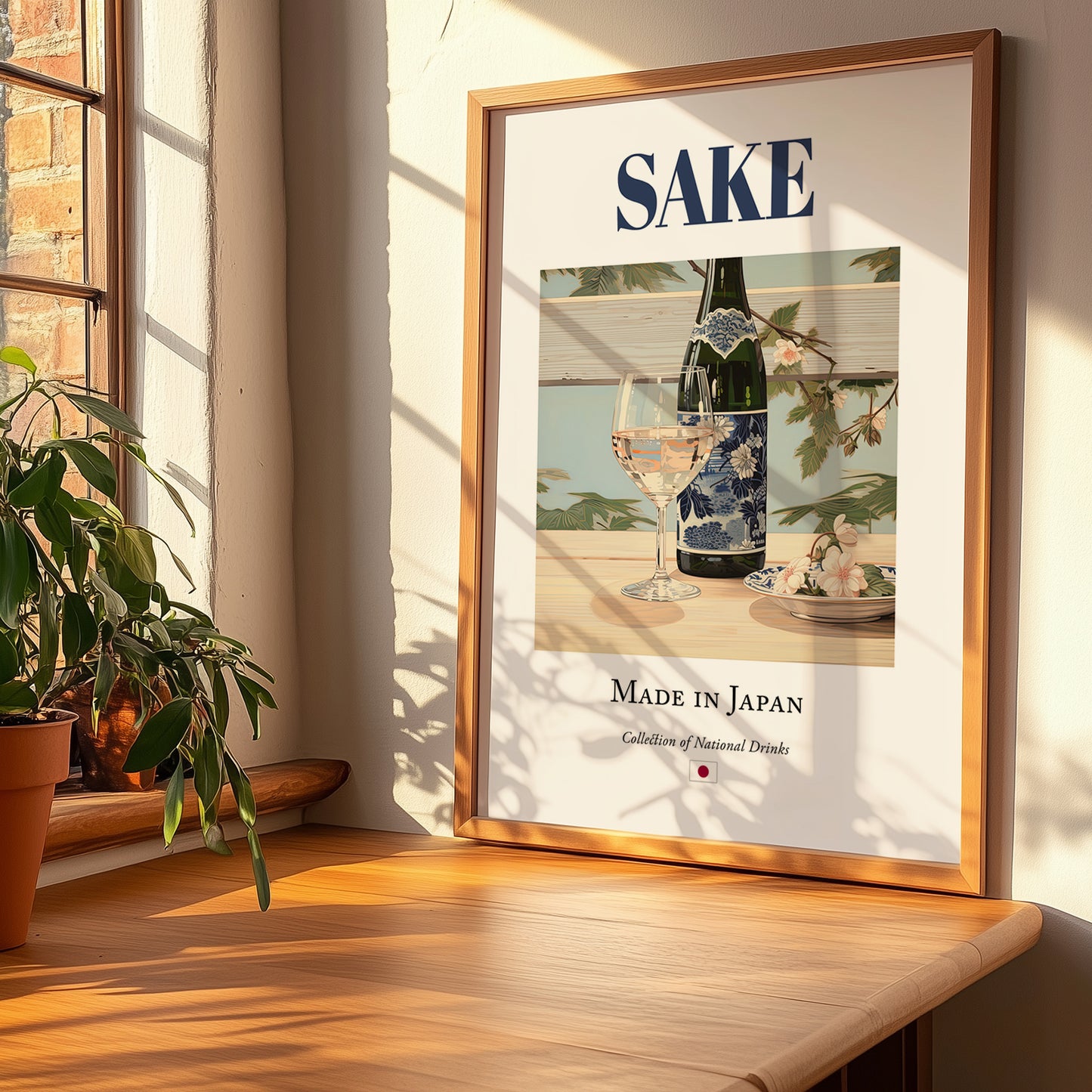 Sake – Japanese Spirit Drink, Hotel Lobby Poster, no-text version framed in wood