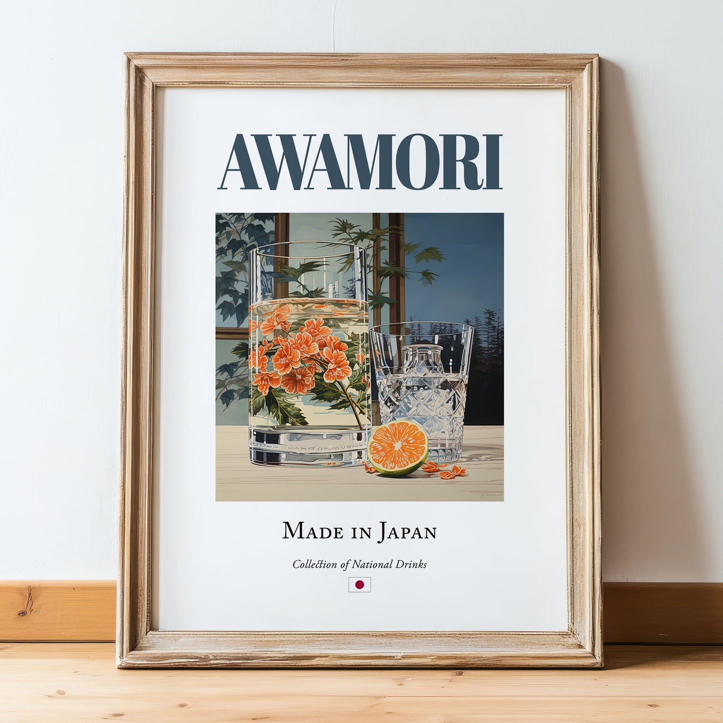 Awamori – Japanese Spirit Drink, Rooftop Terrace Print, in wooden frame leaning on the floor