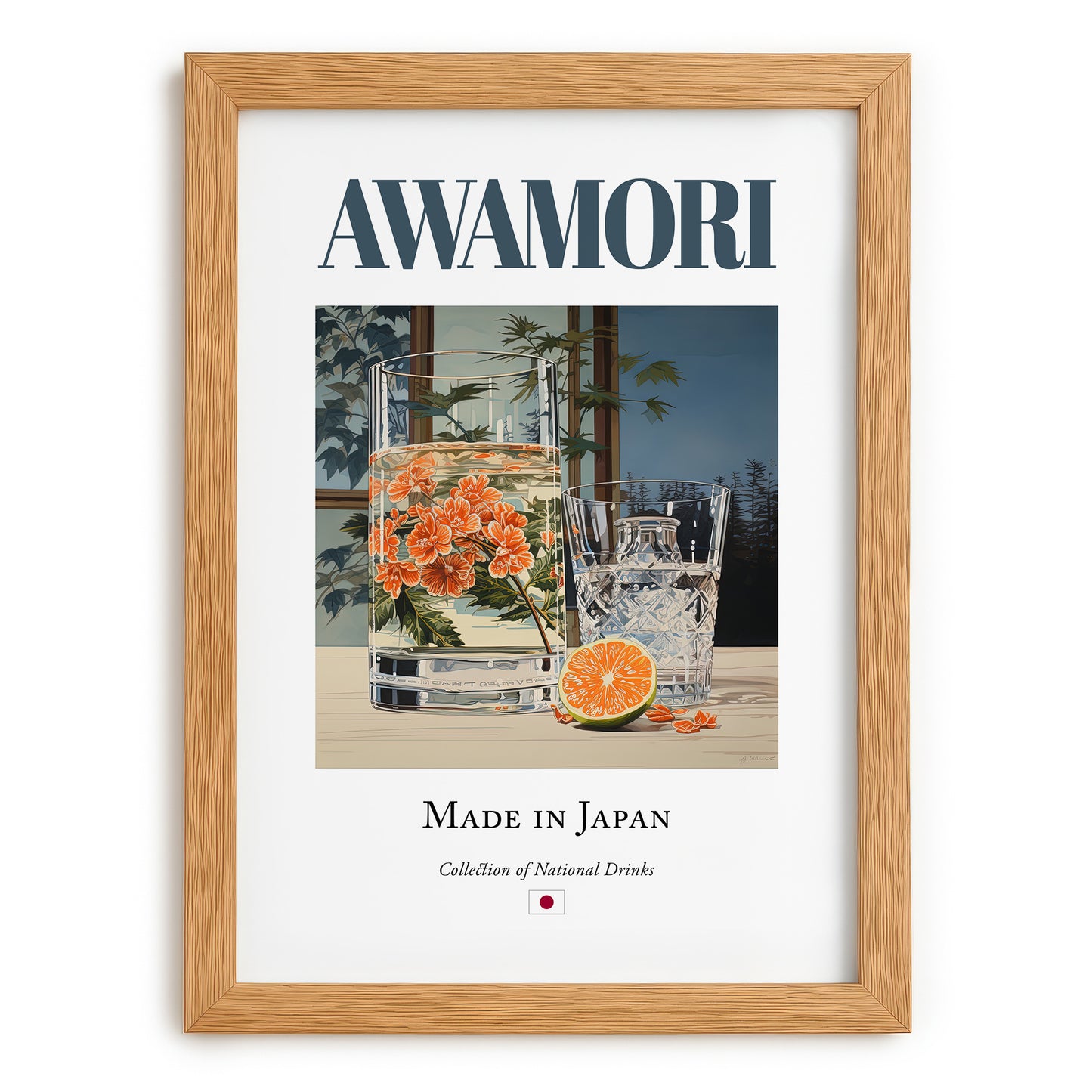 Awamori – Japanese Spirit Drink, Rooftop Terrace Print, set in oak frame