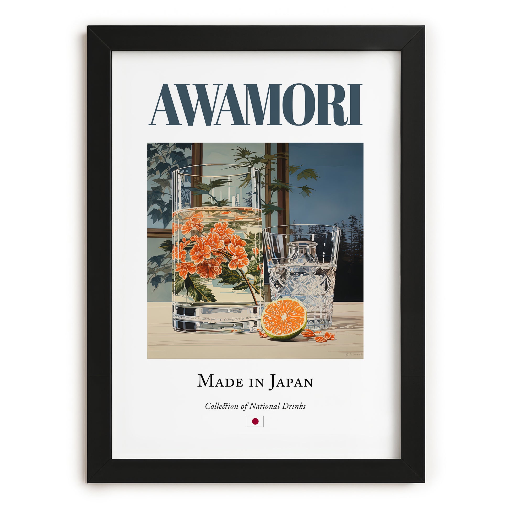 Awamori – Japanese Spirit Drink, Rooftop Terrace Print, in sleek black frame