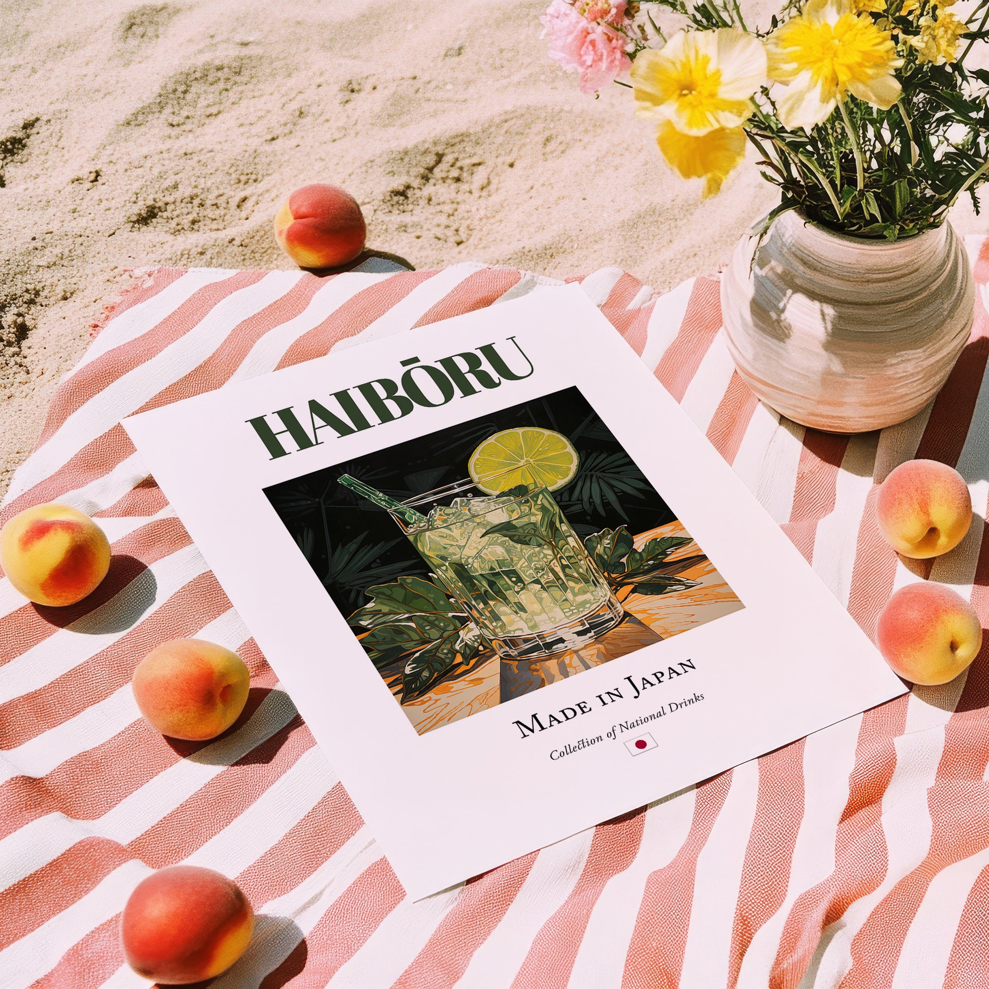 Haibōru – Japanese Cocktail Drink, Hotel Lobby Poster, unframed on coastal sand