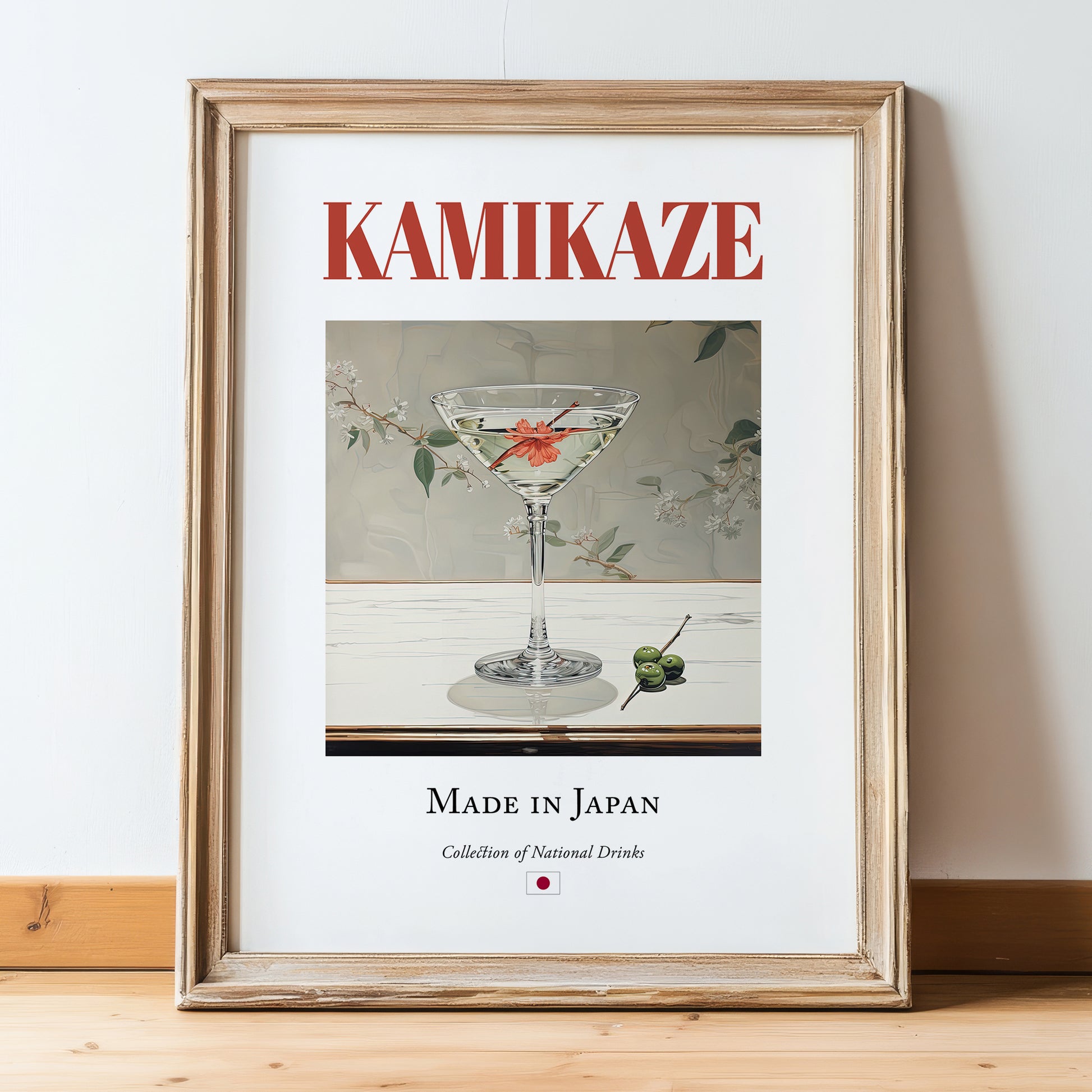 Kamikaze – Japanese Cocktail Drink, Beach Bar Print, in wooden frame leaning on the floor